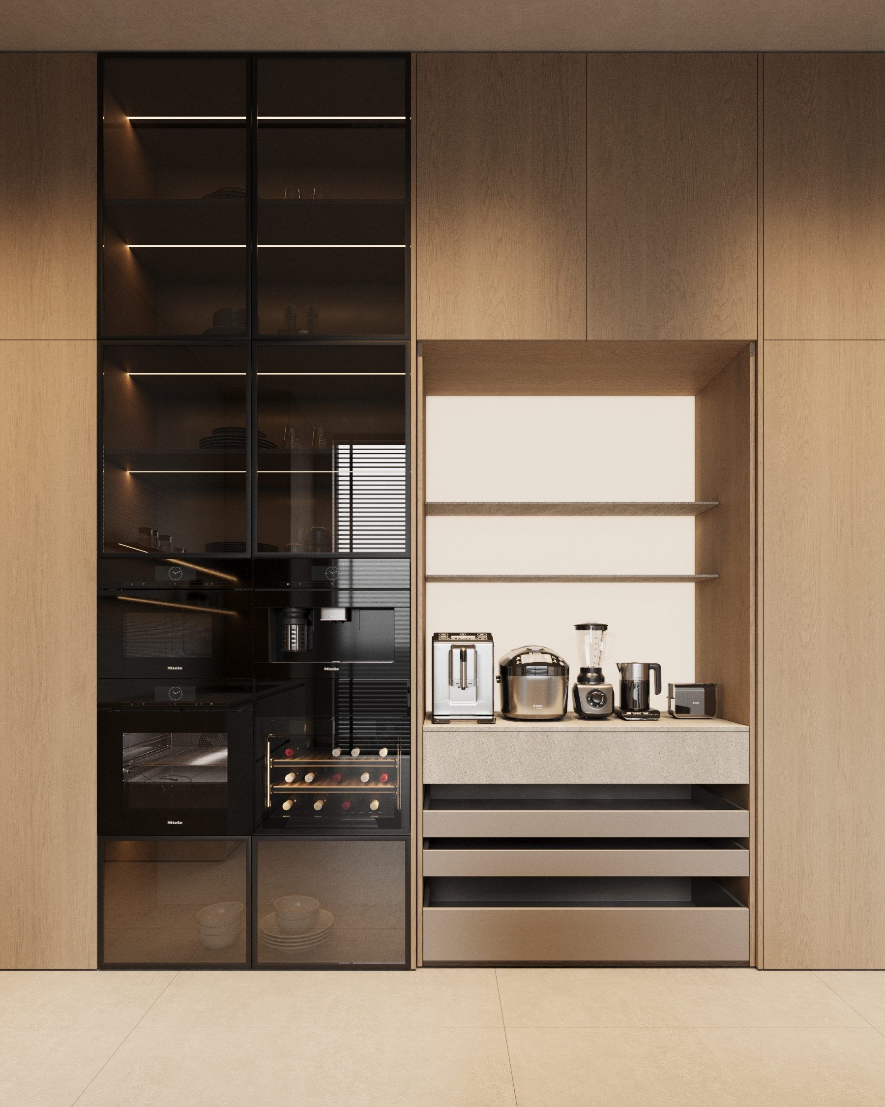 Built-in storage system with black fronts and wooden elements