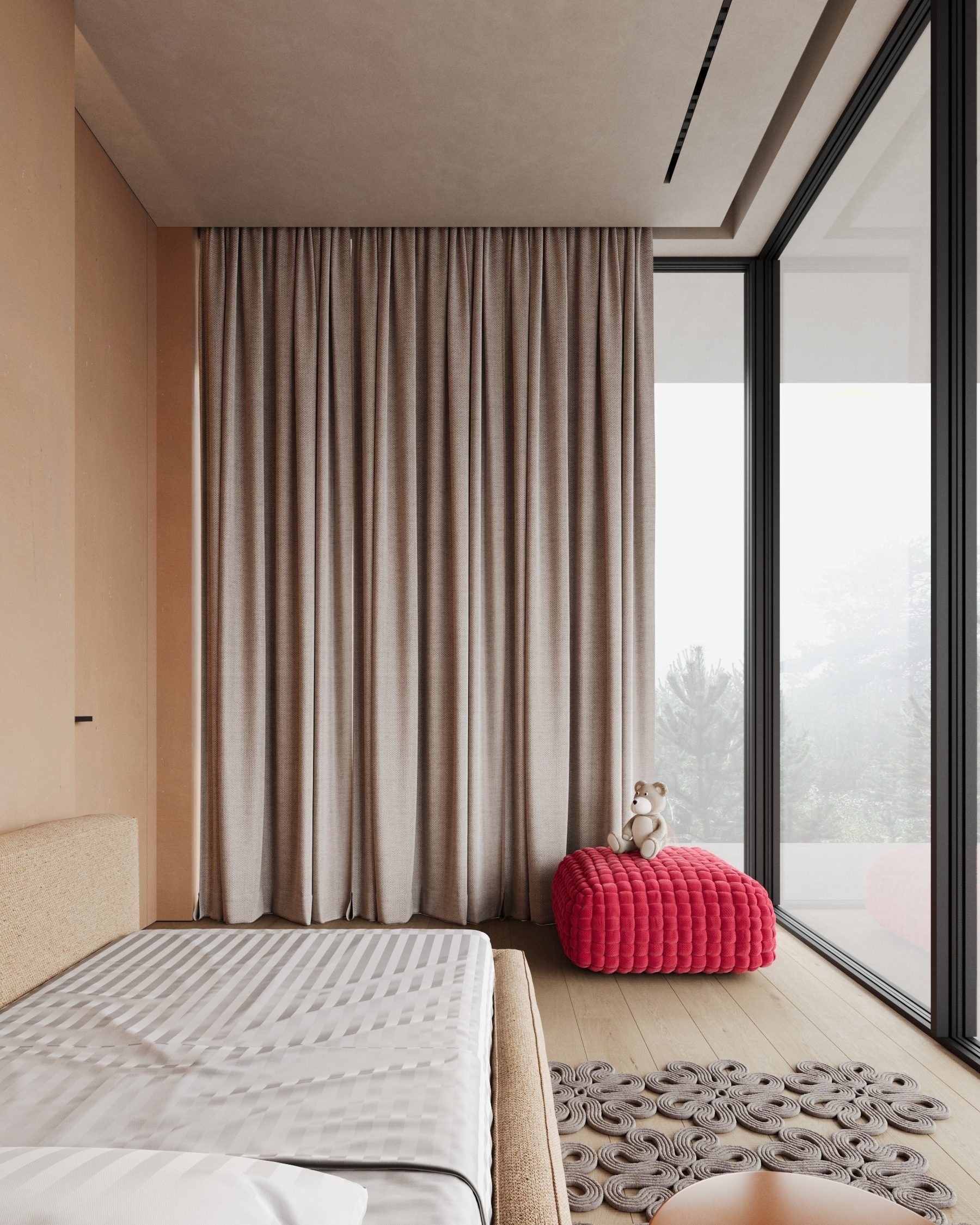 Bedroom with bed, large window and fabric panels