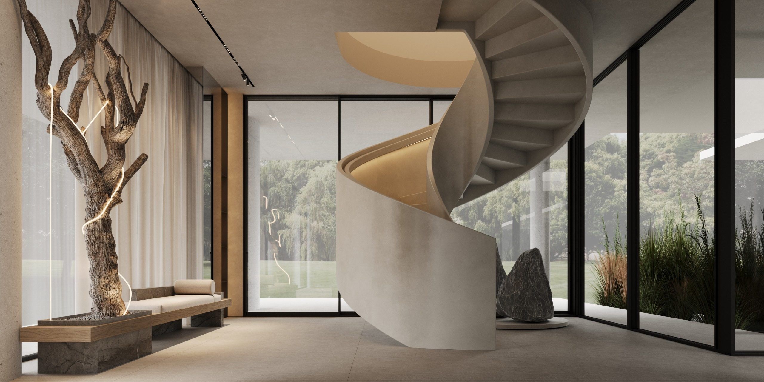 Spiral staircase in two-level space with panoramic windows