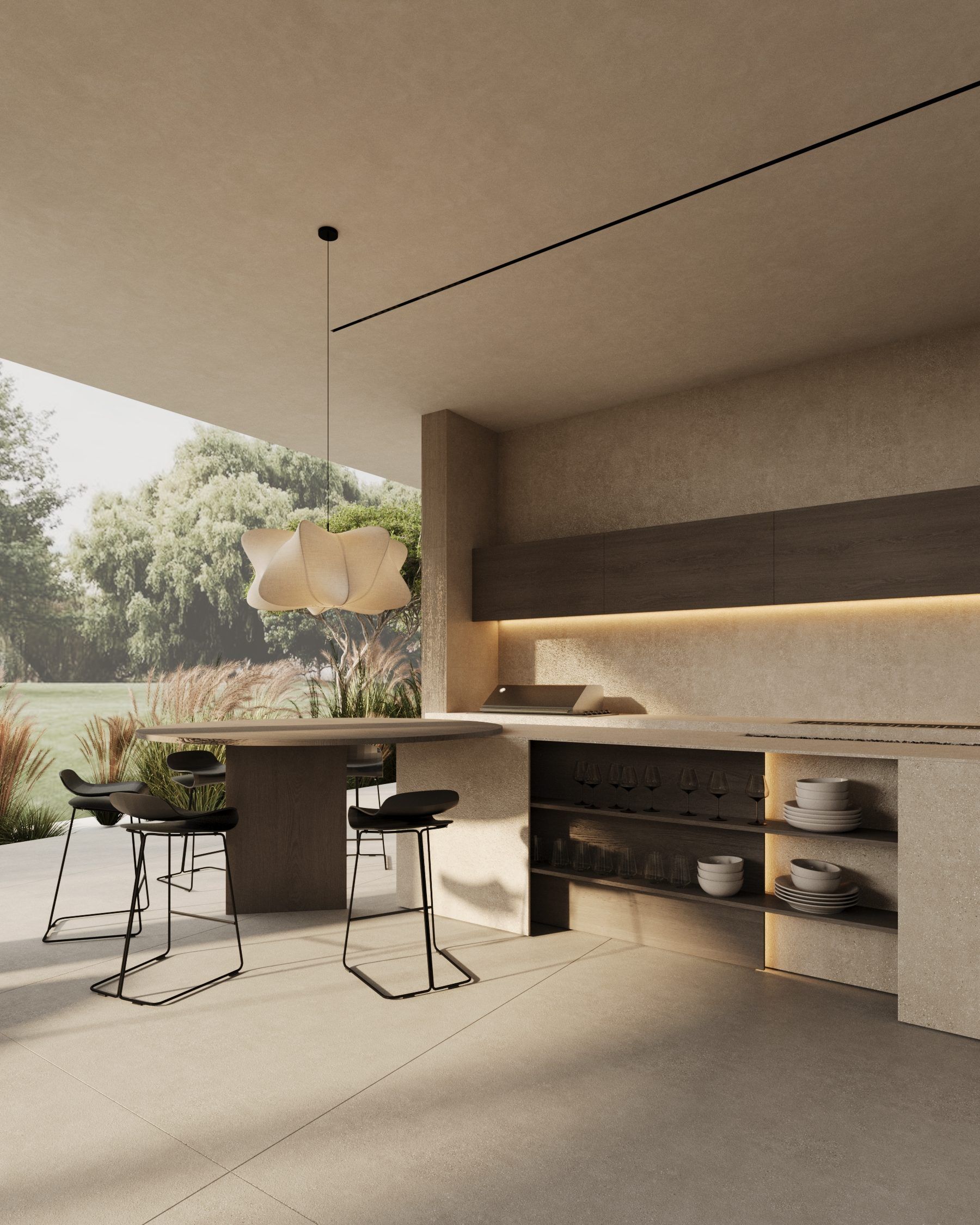 Kitchen with recessed lighting, dining bar and landscape window