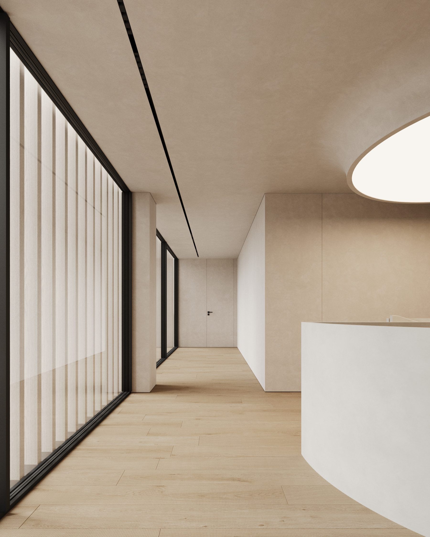 Passage with vertical slats, white fixtures and natural light