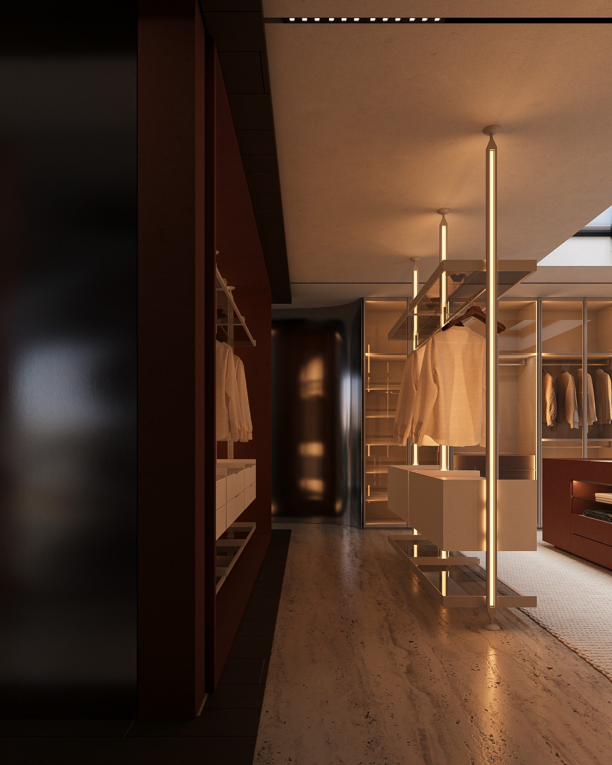 Dressing room interior with hanging garments and shelves
