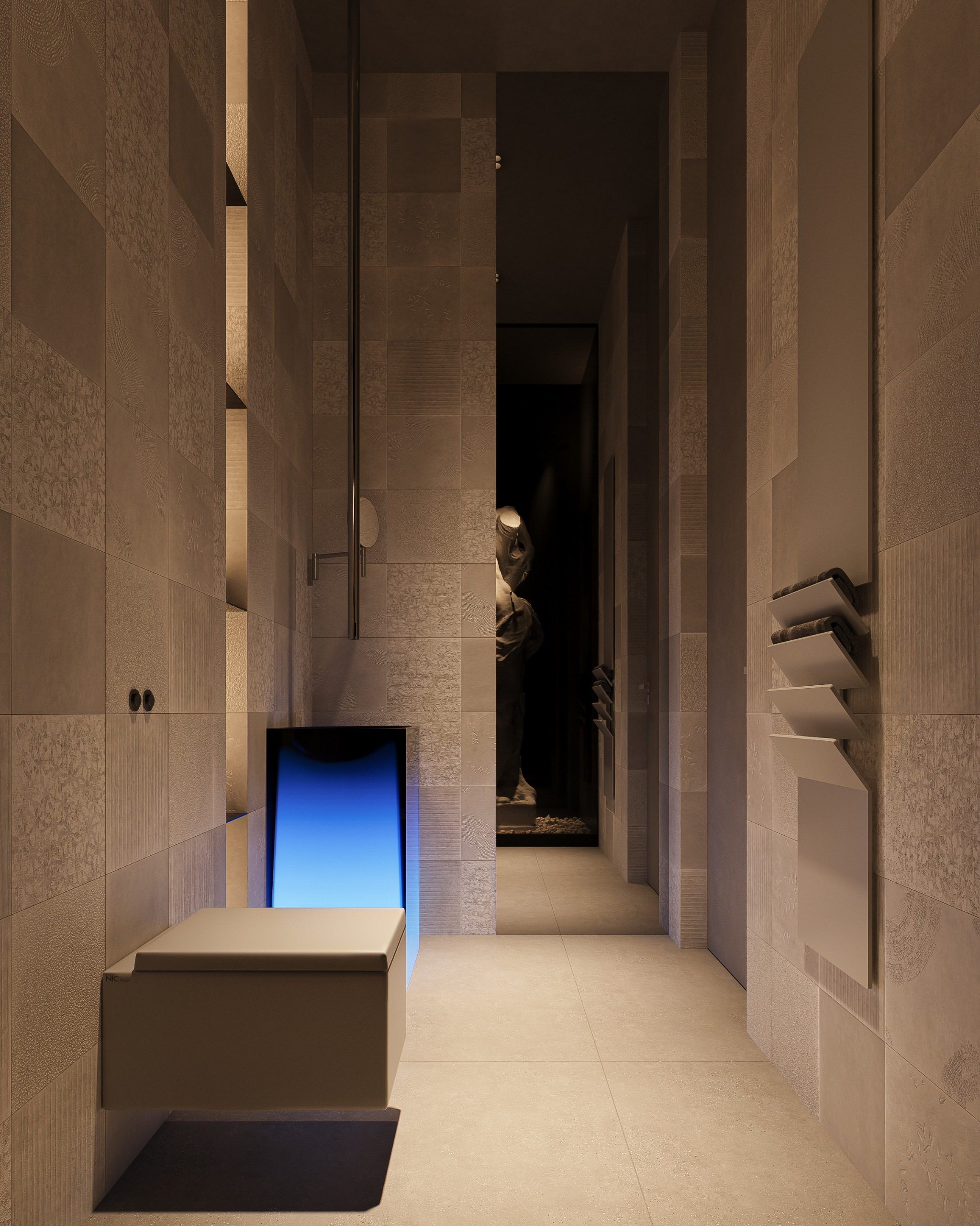 Narrow bathroom corridor with built-in niches and blue glow