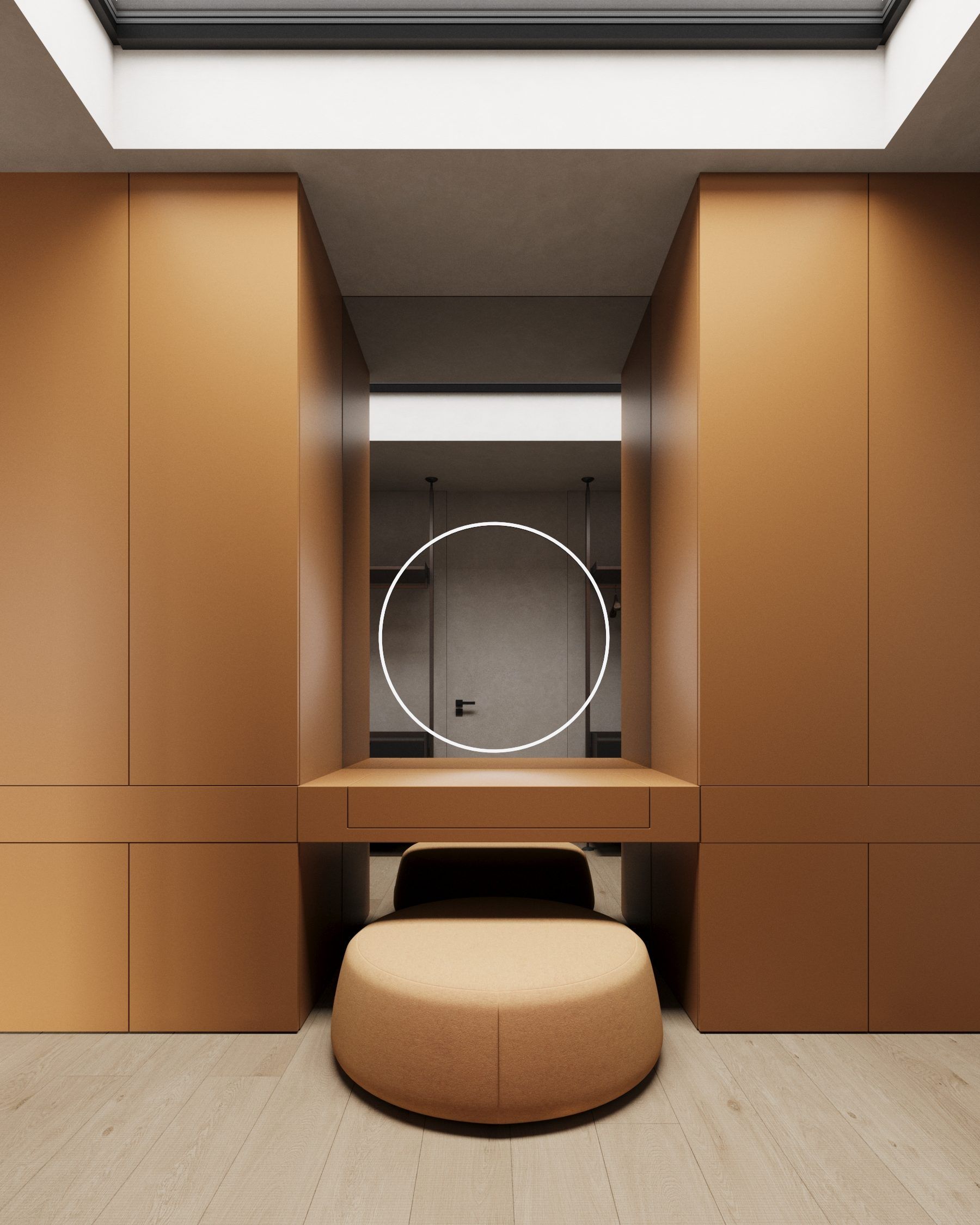 Bathroom with oak paneling, round mirror and terracotta pouf