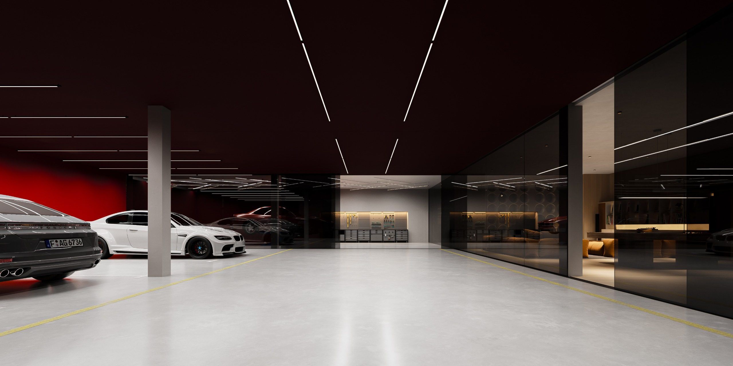 Underground parking with geometric linear ceiling lighting