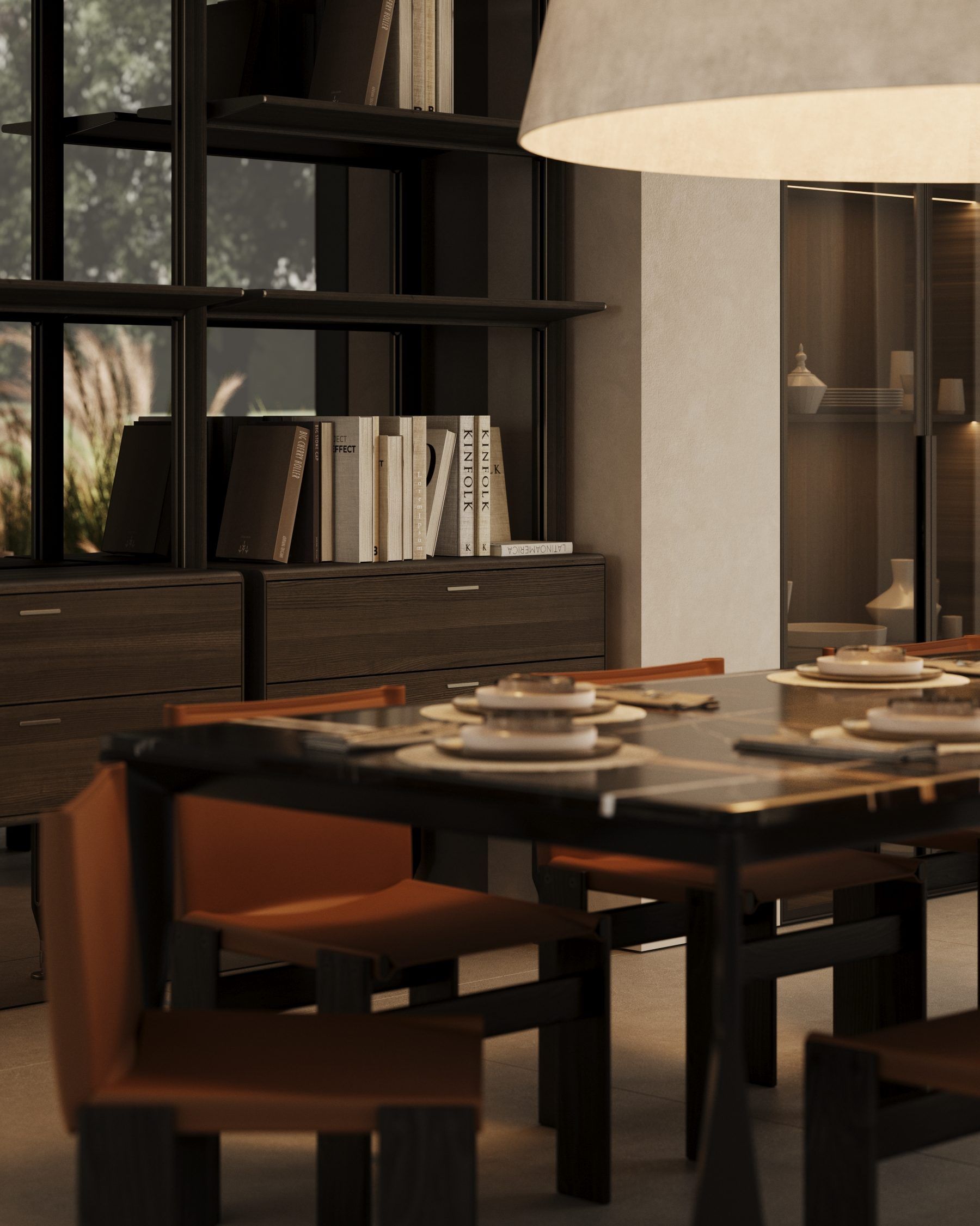 Workspace with brown chair, black shelving and window to landscape