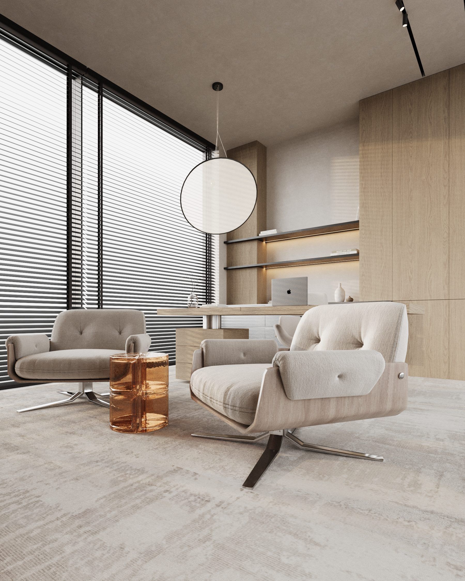 Interior with two armchairs, wooden wall and minimalist decor