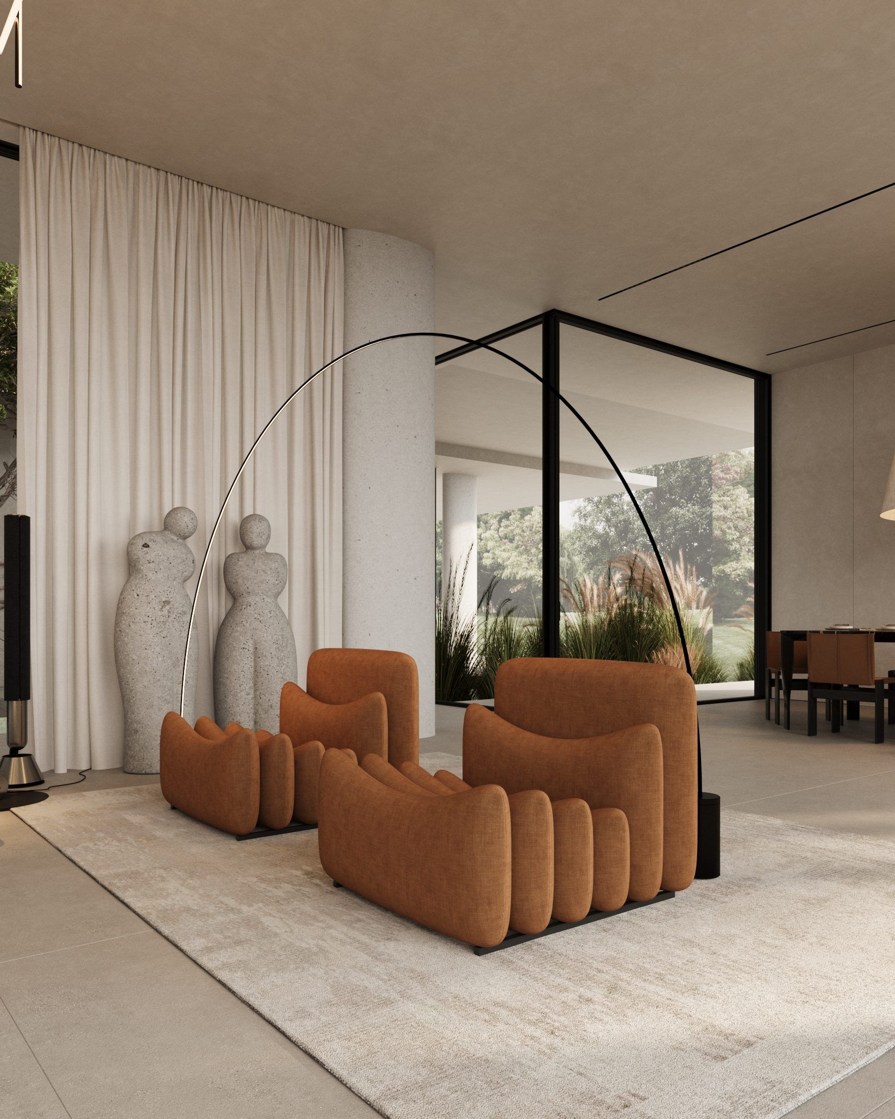 Modular terracotta seating with sculptural forms and black metal arch