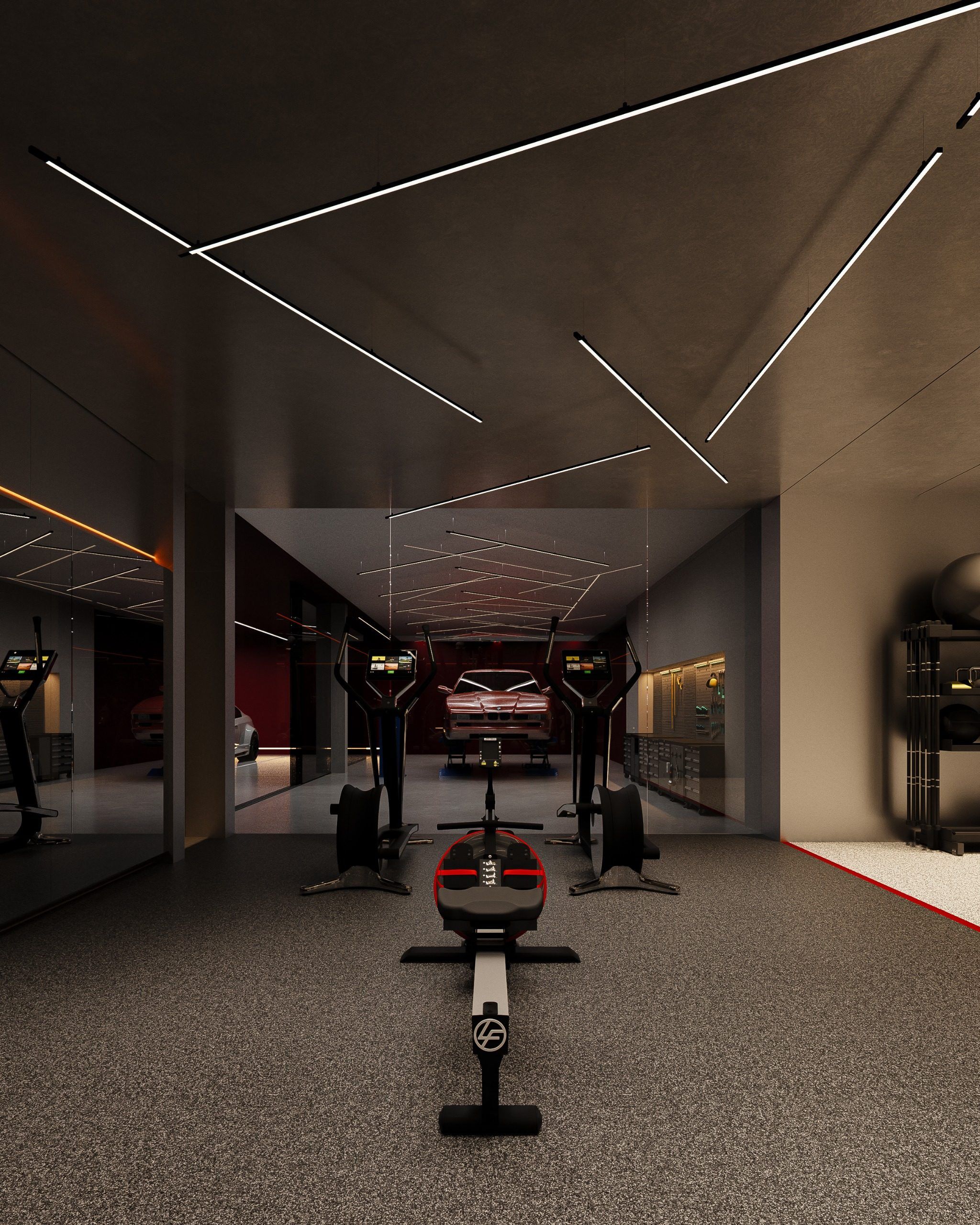 Gym with fitness equipment and glass partition