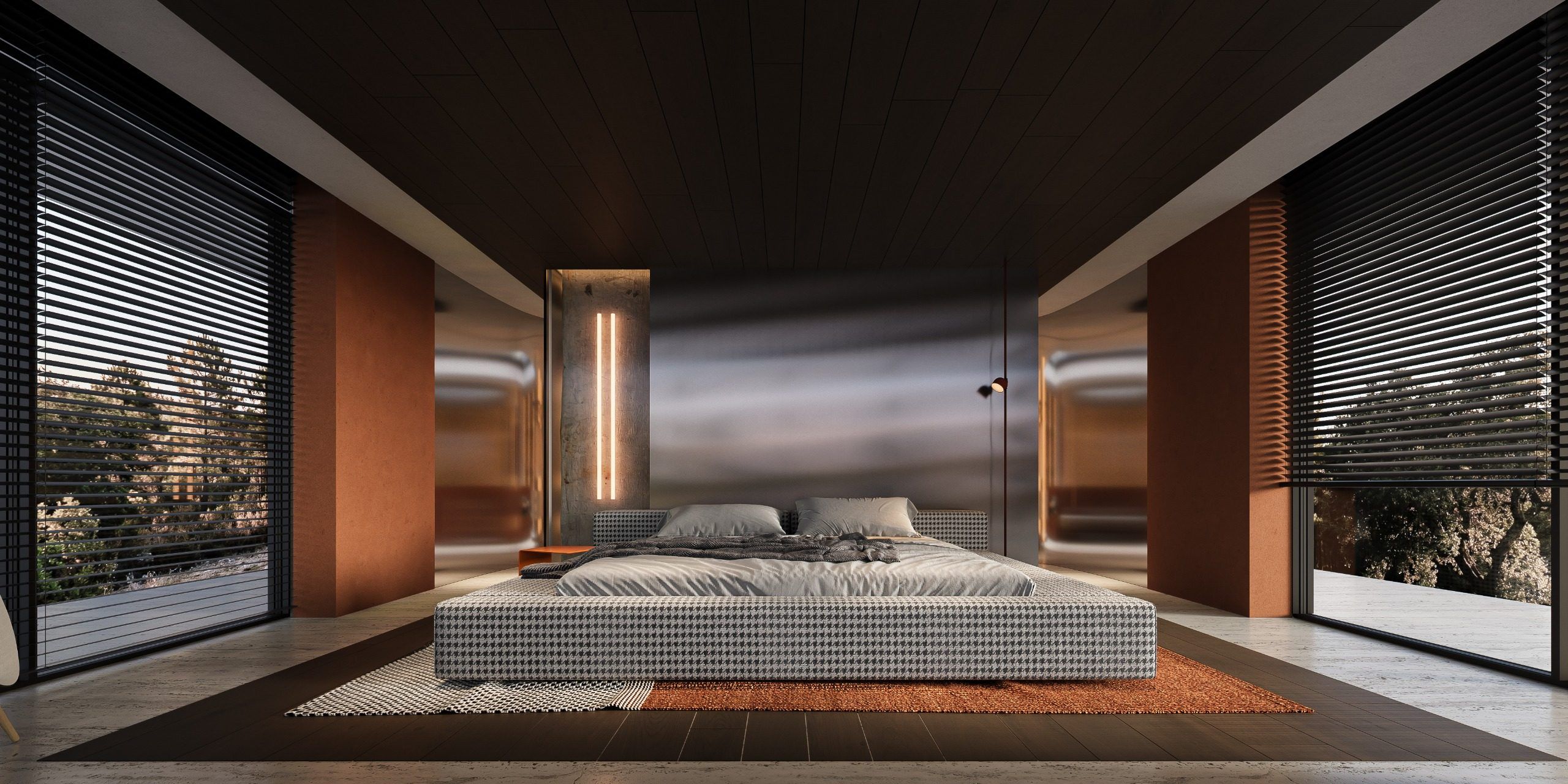 Bedroom with bed, orange panels and windows with integrated blinds