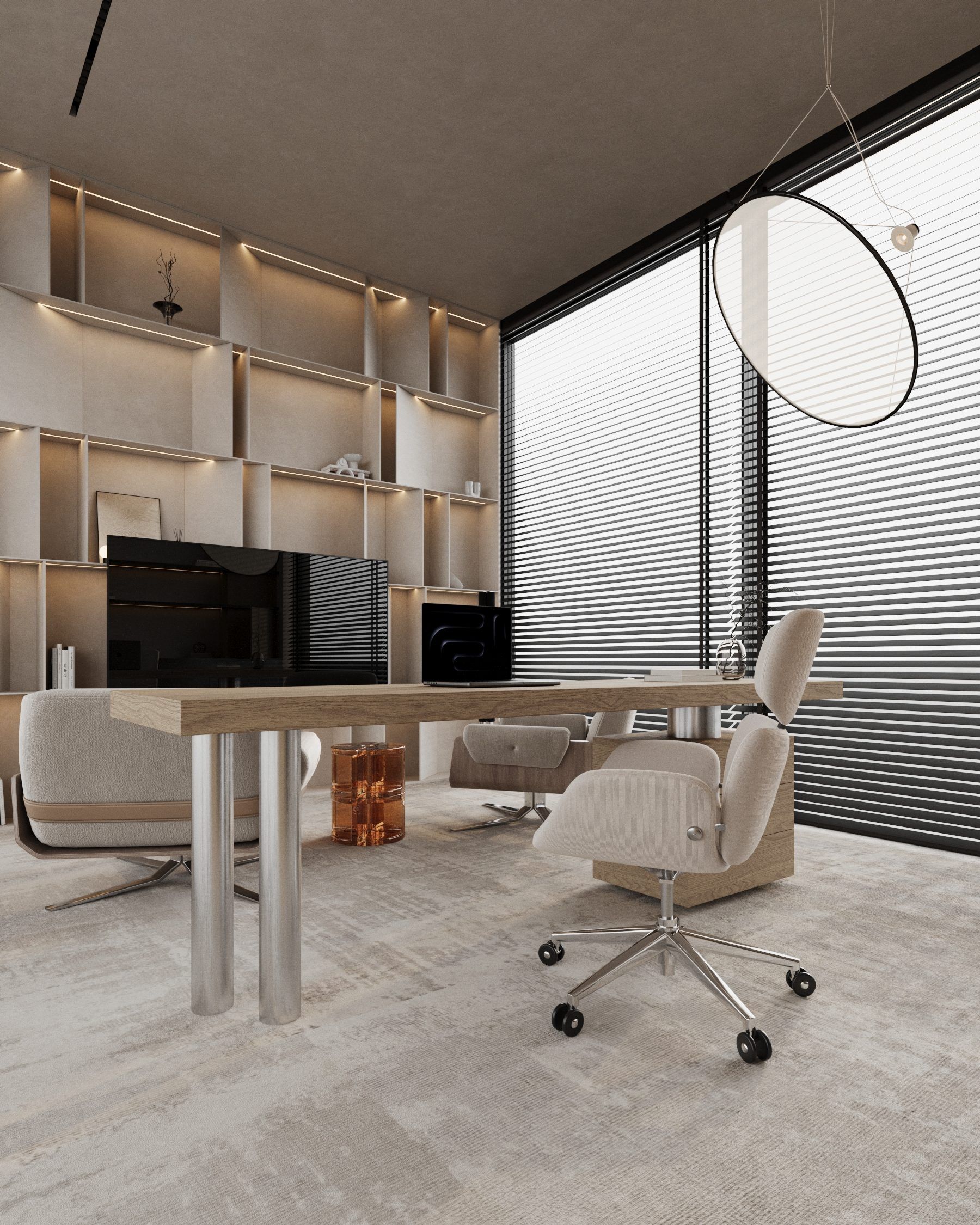 Work space with wooden modular shelving and desk