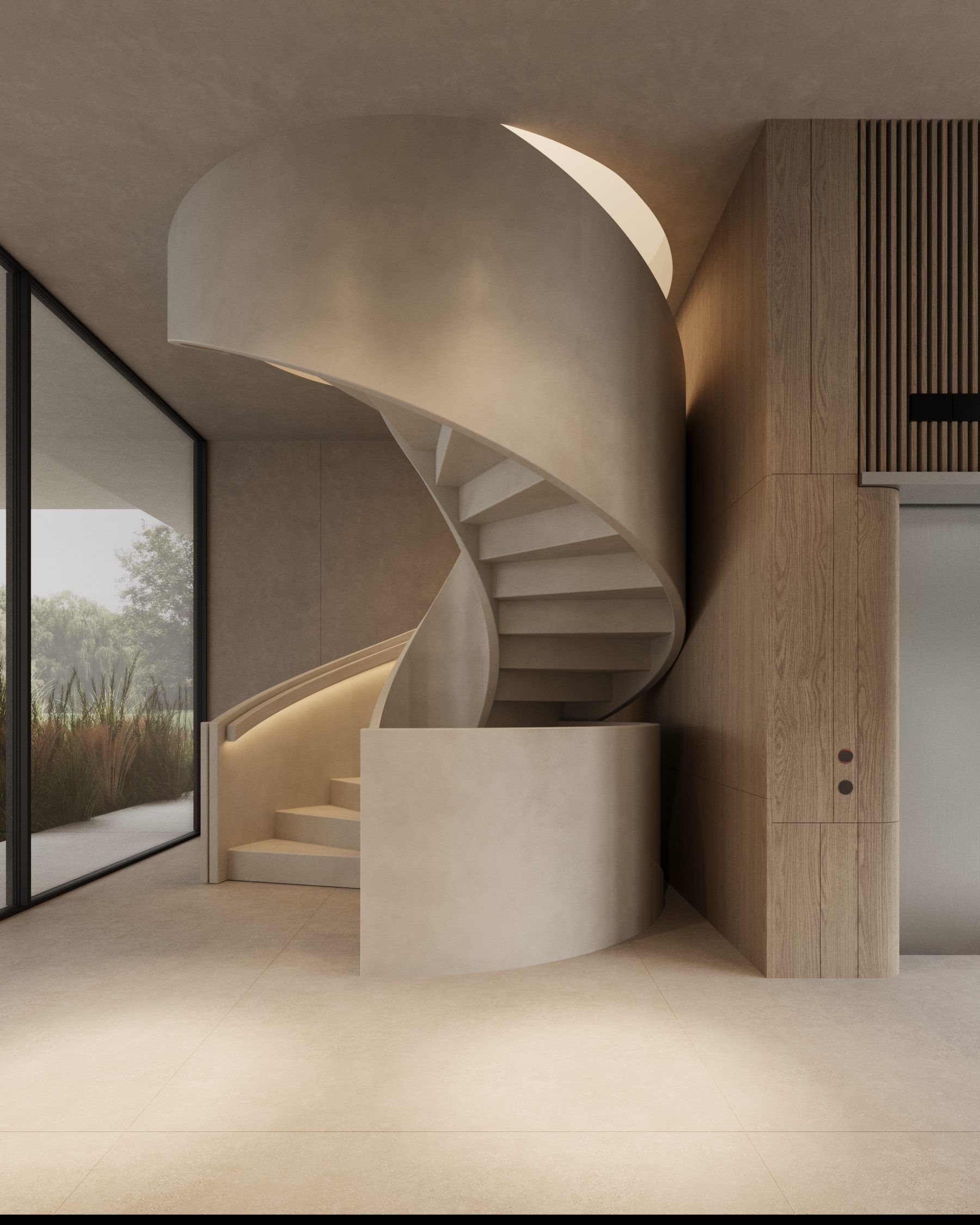 Spiral staircase with curved lines, wooden cabinetry, window