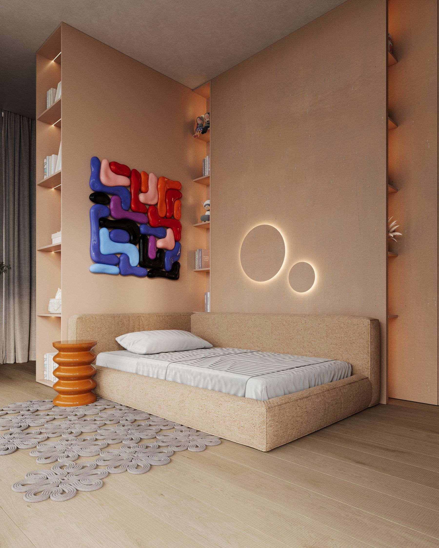 Child's bedroom with sand-colored walls and built-in shelves
