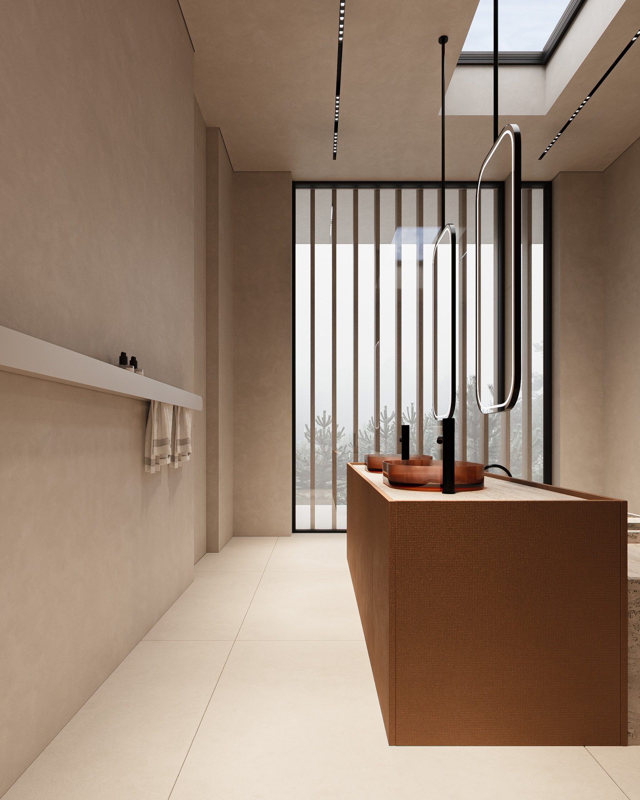 Bathroom with terracotta sink and vertical blinds