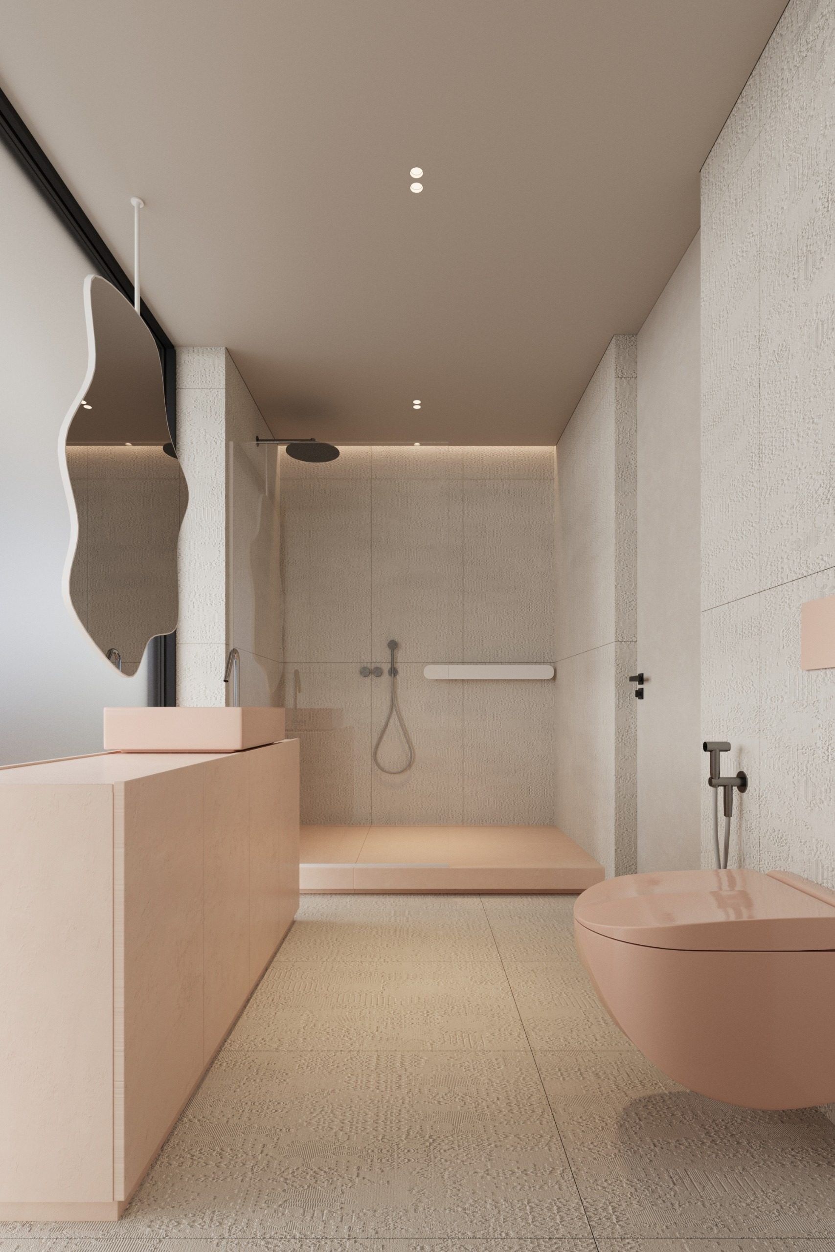 Bathroom with wooden vanity, ceramic soaking tub and shower