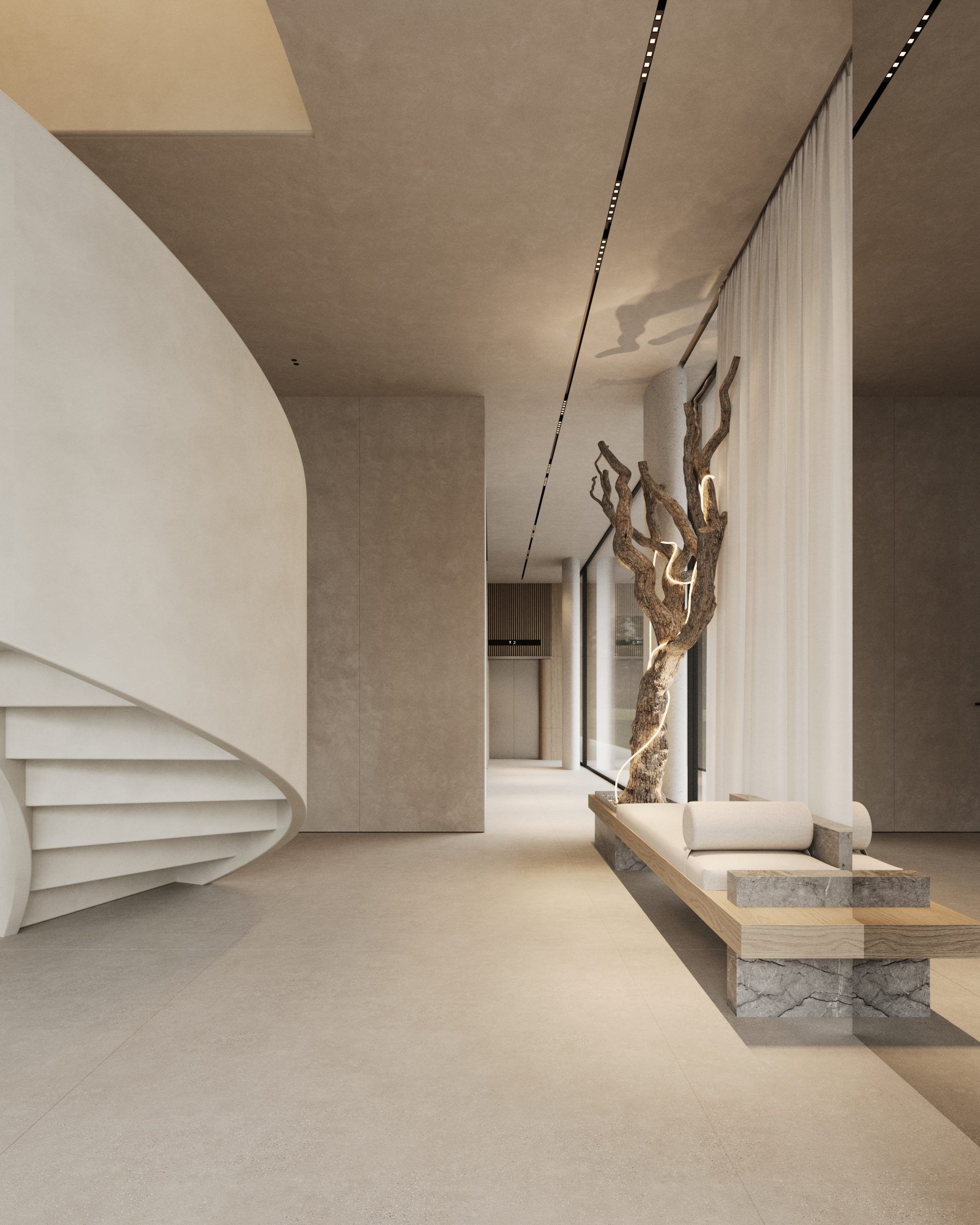 Hall with wooden bench, spiral staircase, natural daylight
