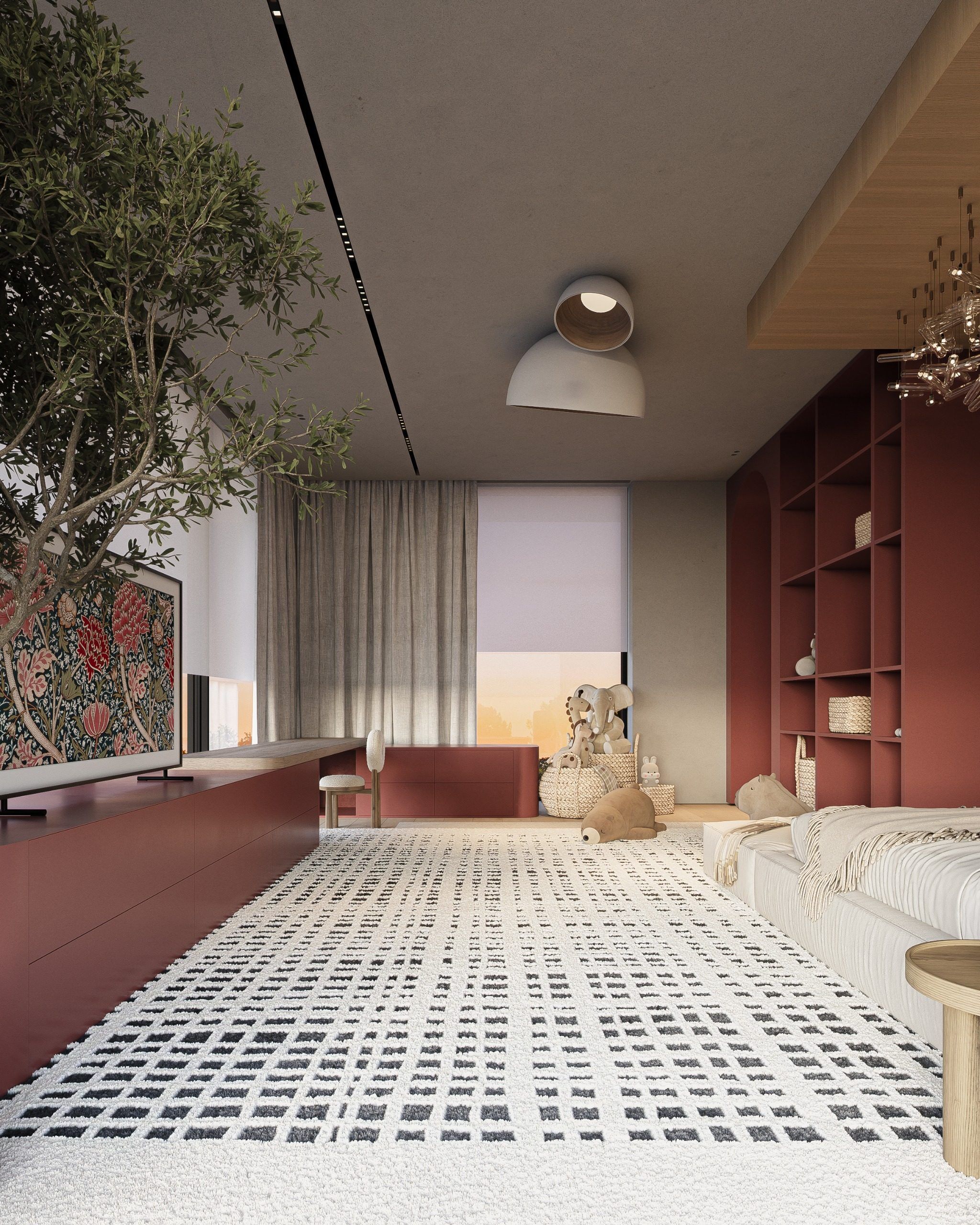 Bedroom with burgundy shelving, plant and geometric floor