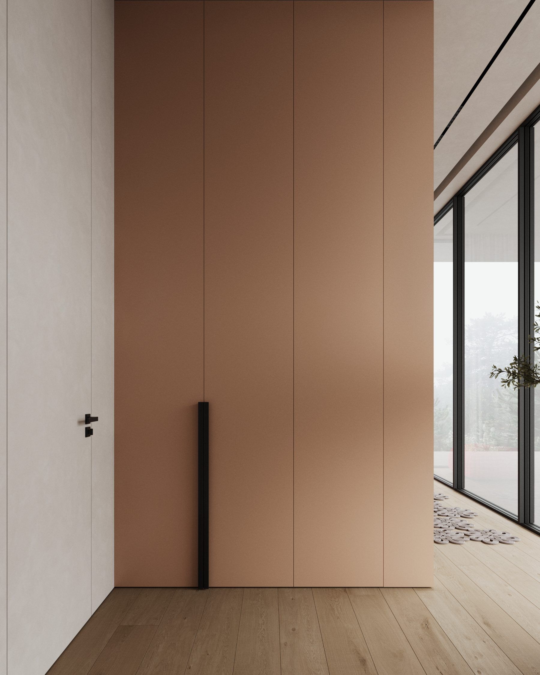 Corridor with wood door and geometric wall planes