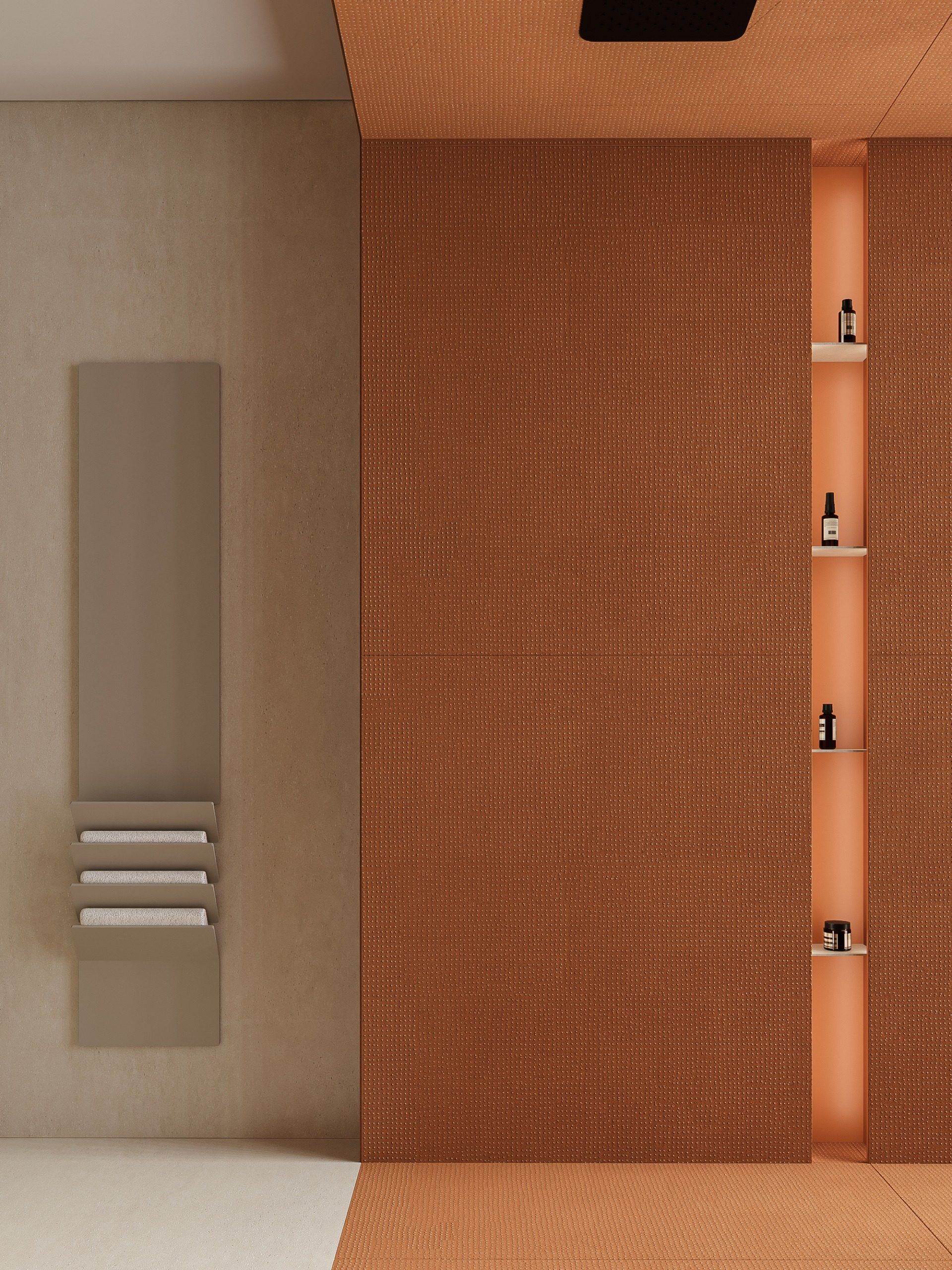 Corridor with terracotta wall, wooden door and recessed shelving detail