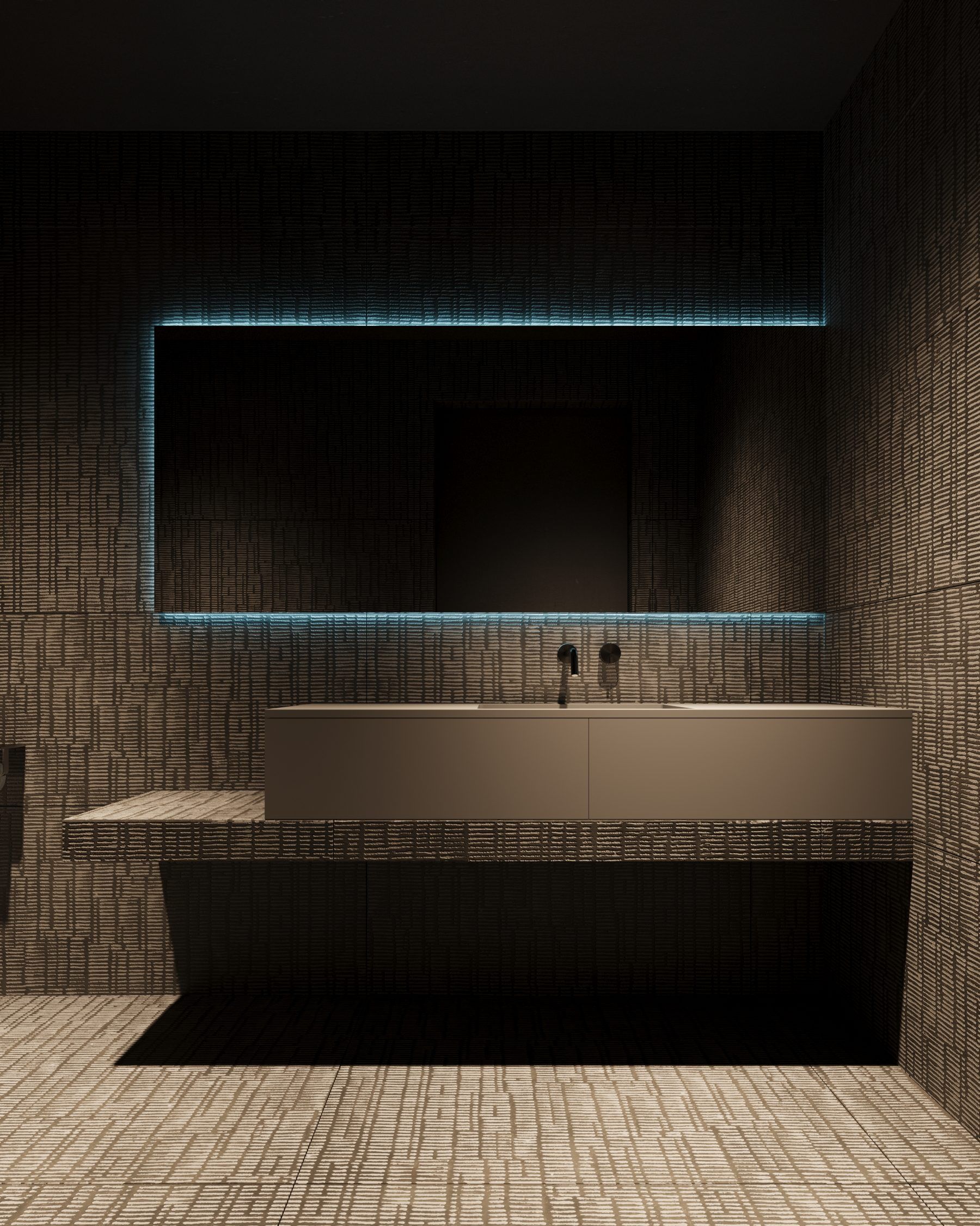 Bathroom with illuminated mirror and brick walls