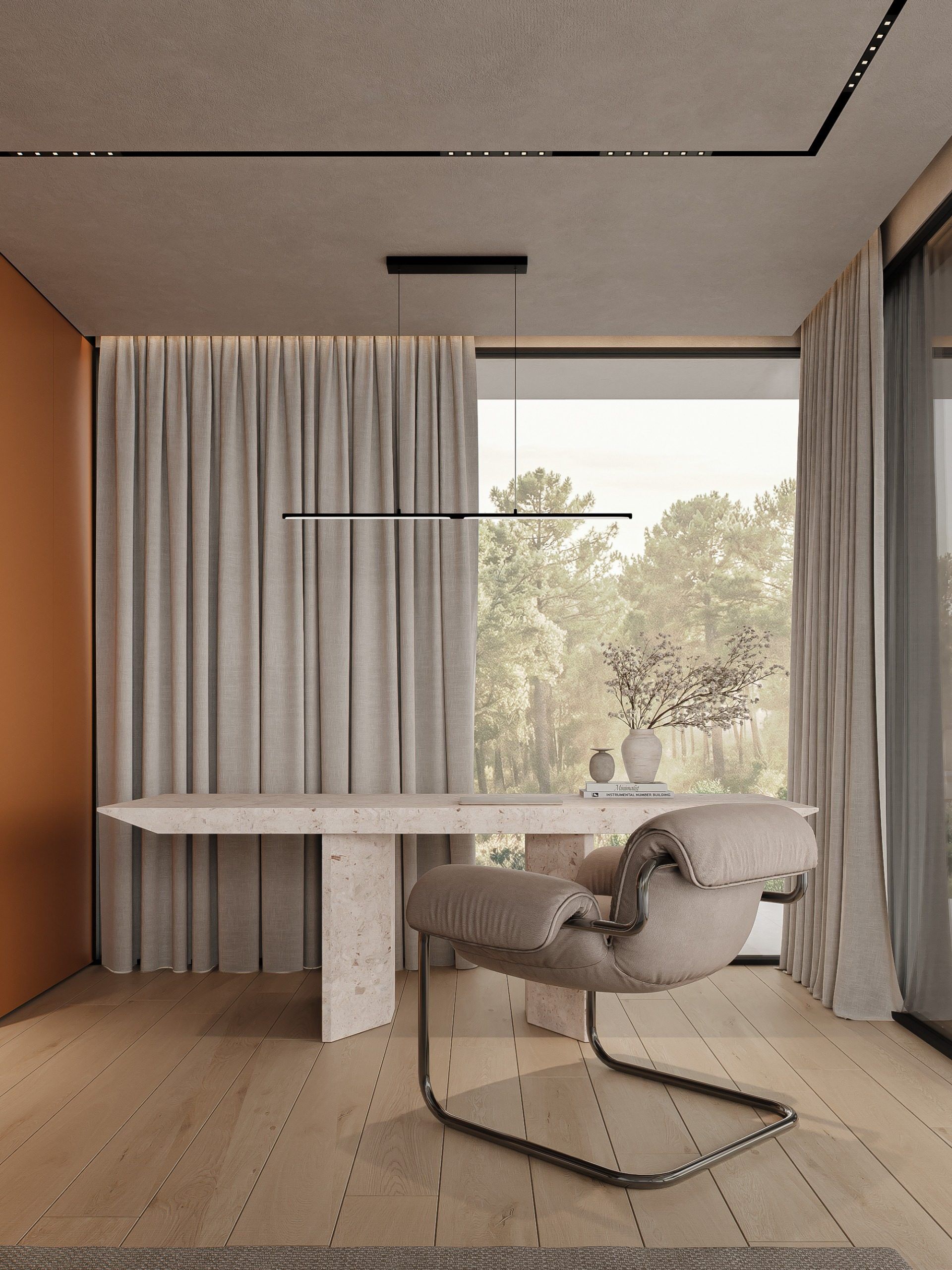 Armchair by window with white curtains and wooden table overlooking forest