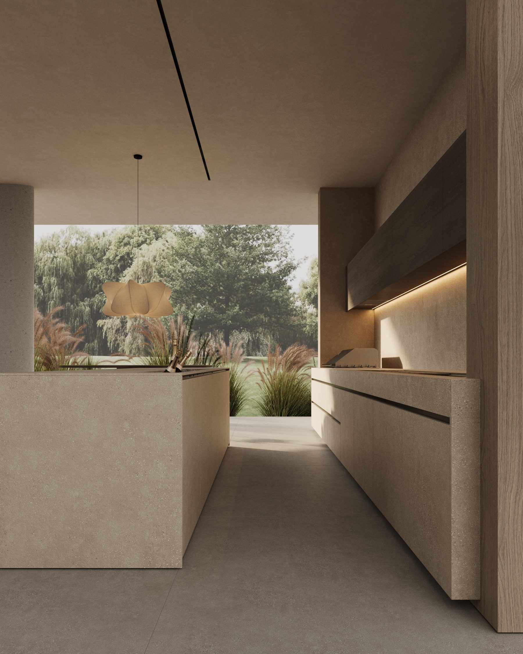 Corridor with courtyard view through window, minimalist cabinetry