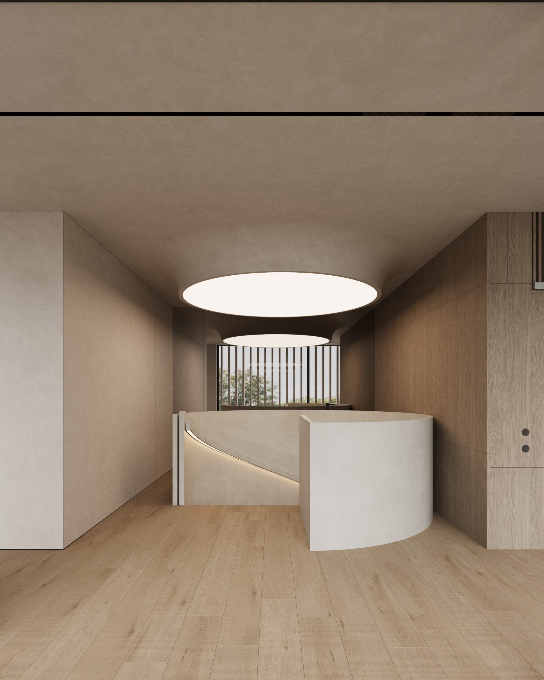 Reception with white cabinetry, wood flooring and round ceiling light