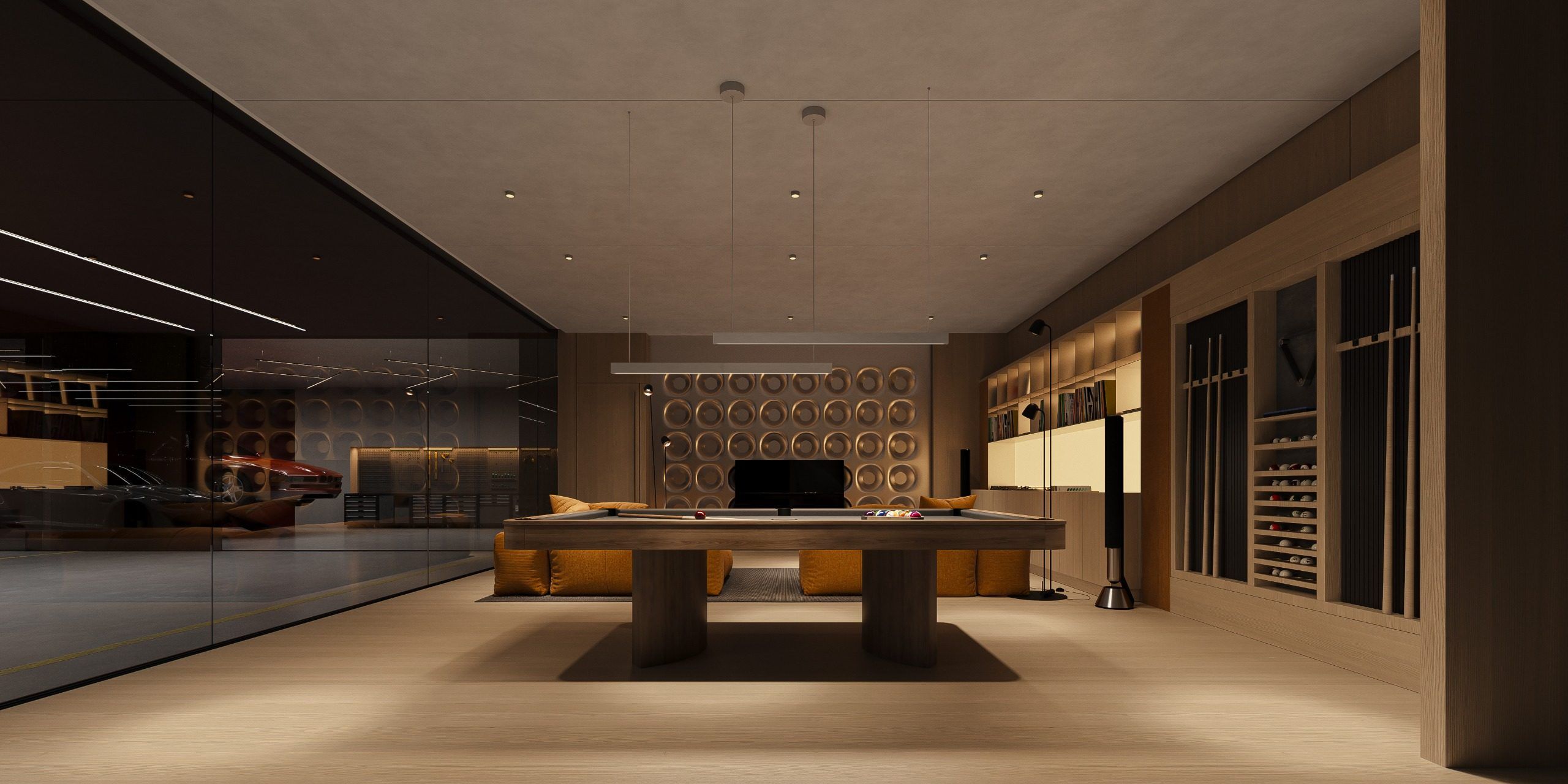 Full view of media room with multilevel storage and accent lighting