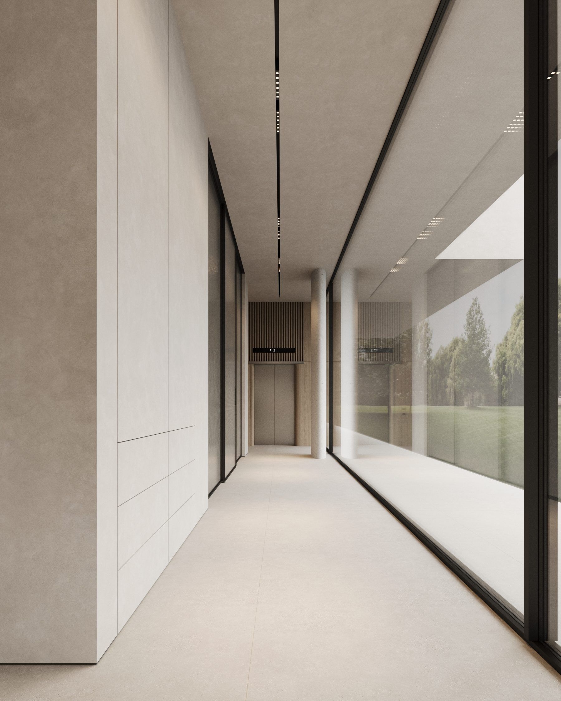 Long corridor with panoramic window, white and beige surfaces