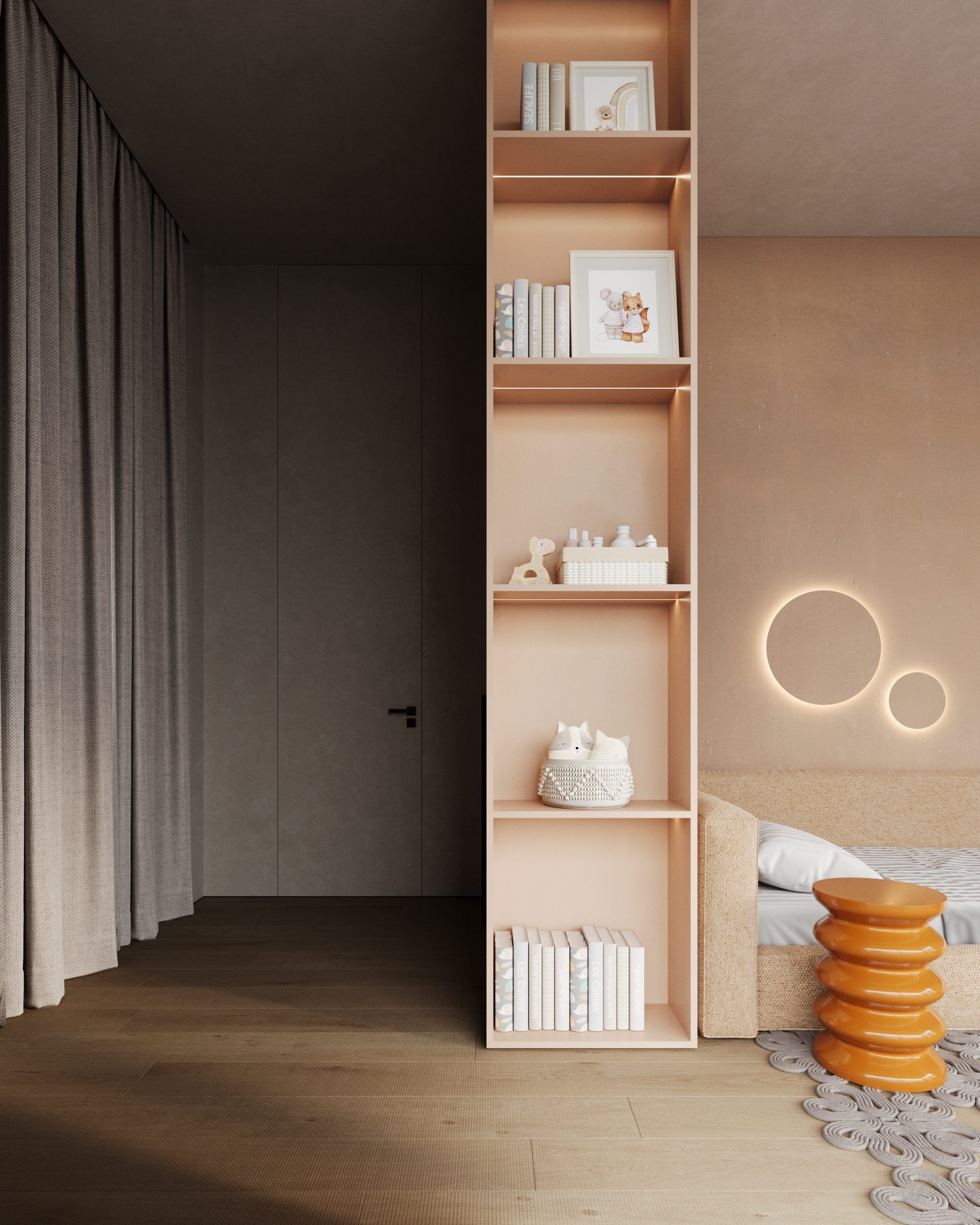 Open storage with shelves and vertical curtain partition