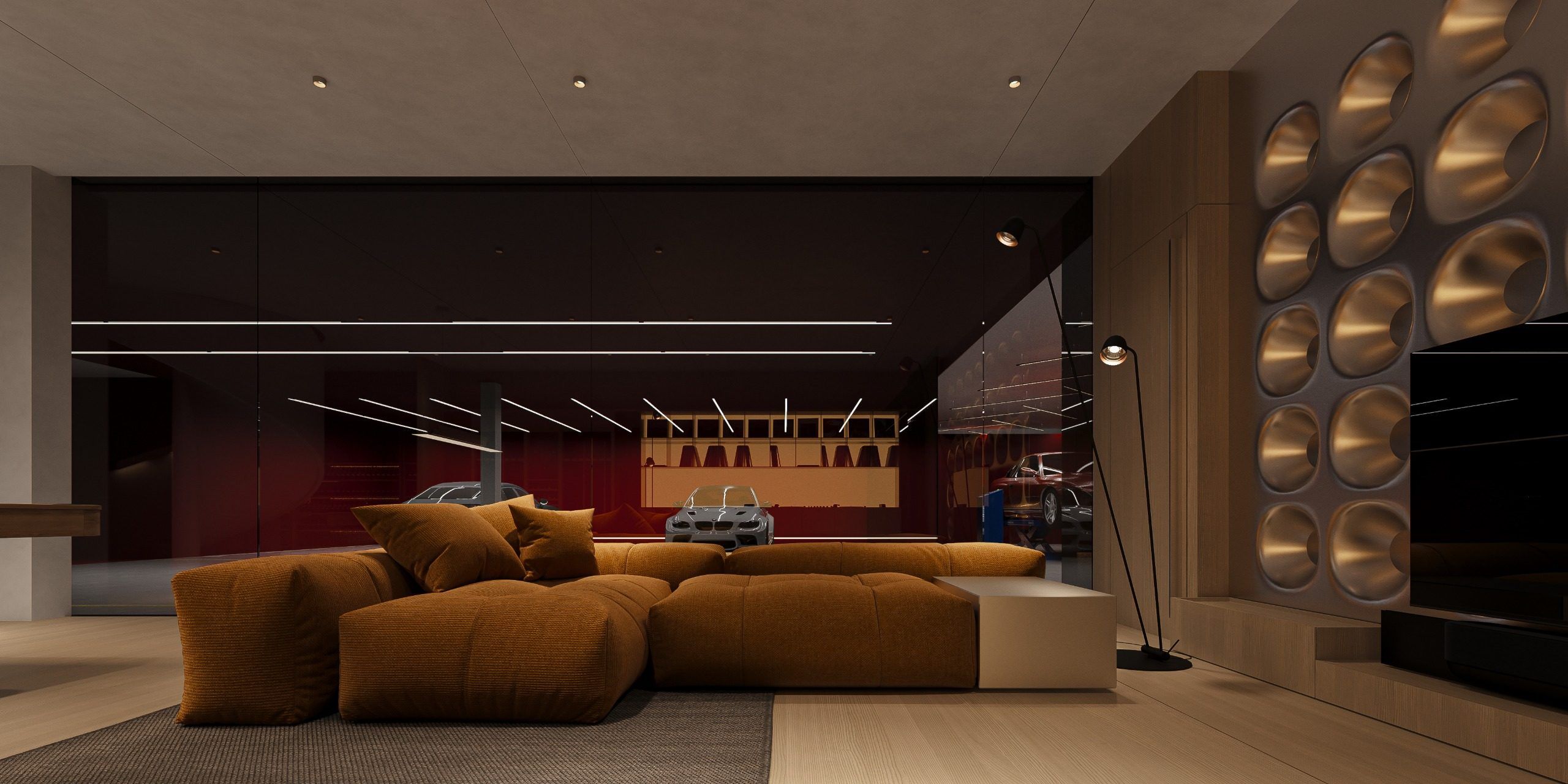 Spacious room with golden modular seating, glass shelving and dark panels