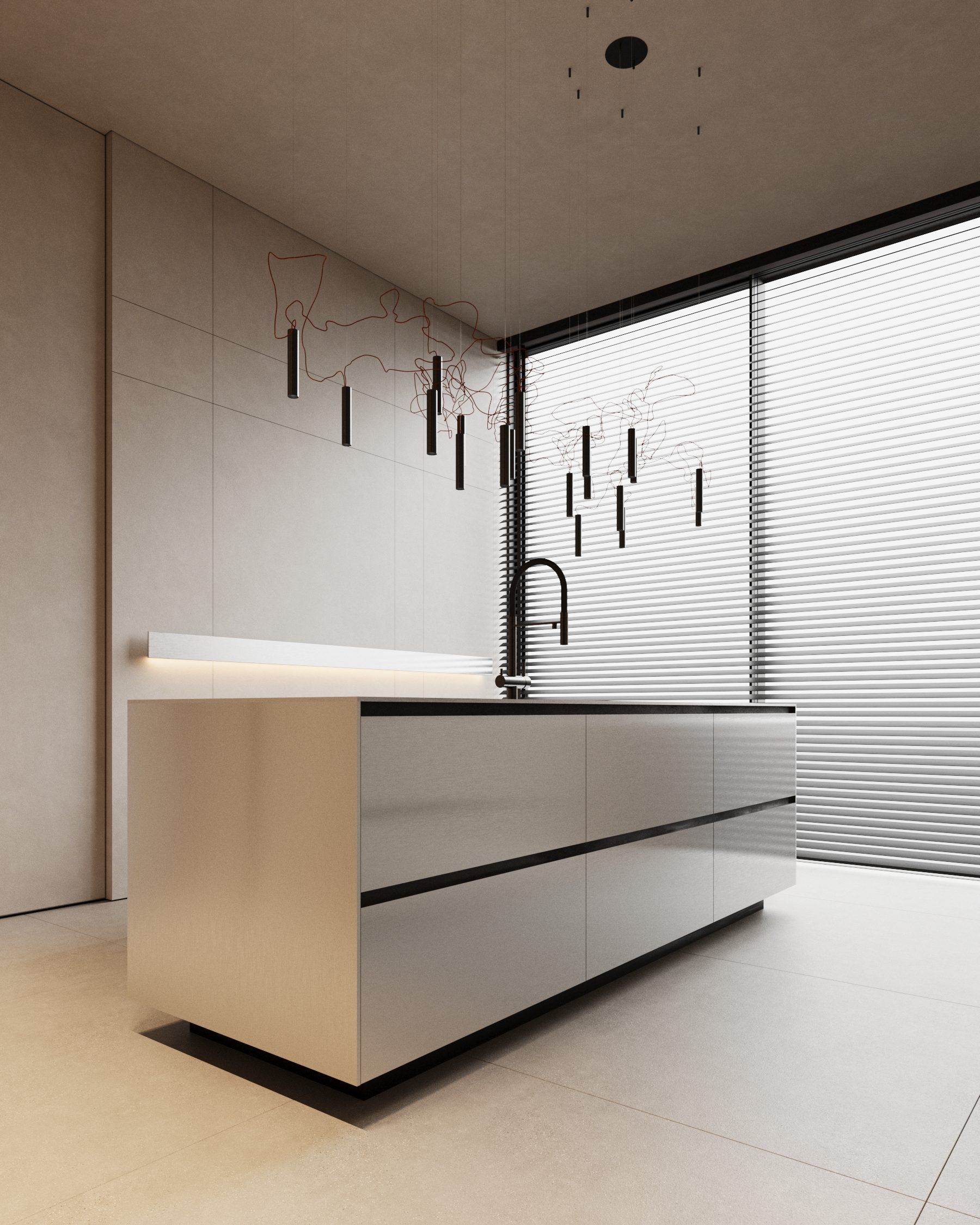 Minimalist kitchen island with pendant lighting