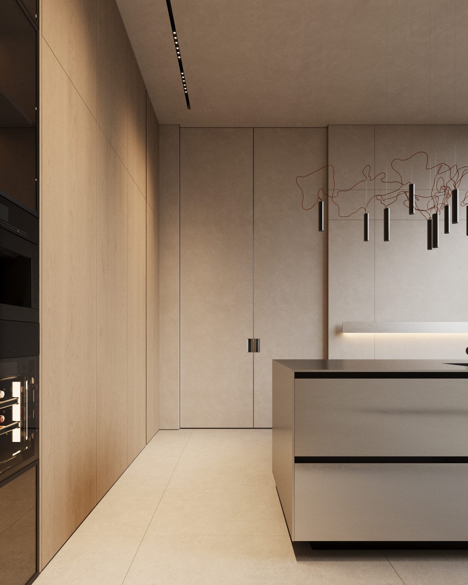 Narrow kitchen space with pendant lights and neutral-toned fronts