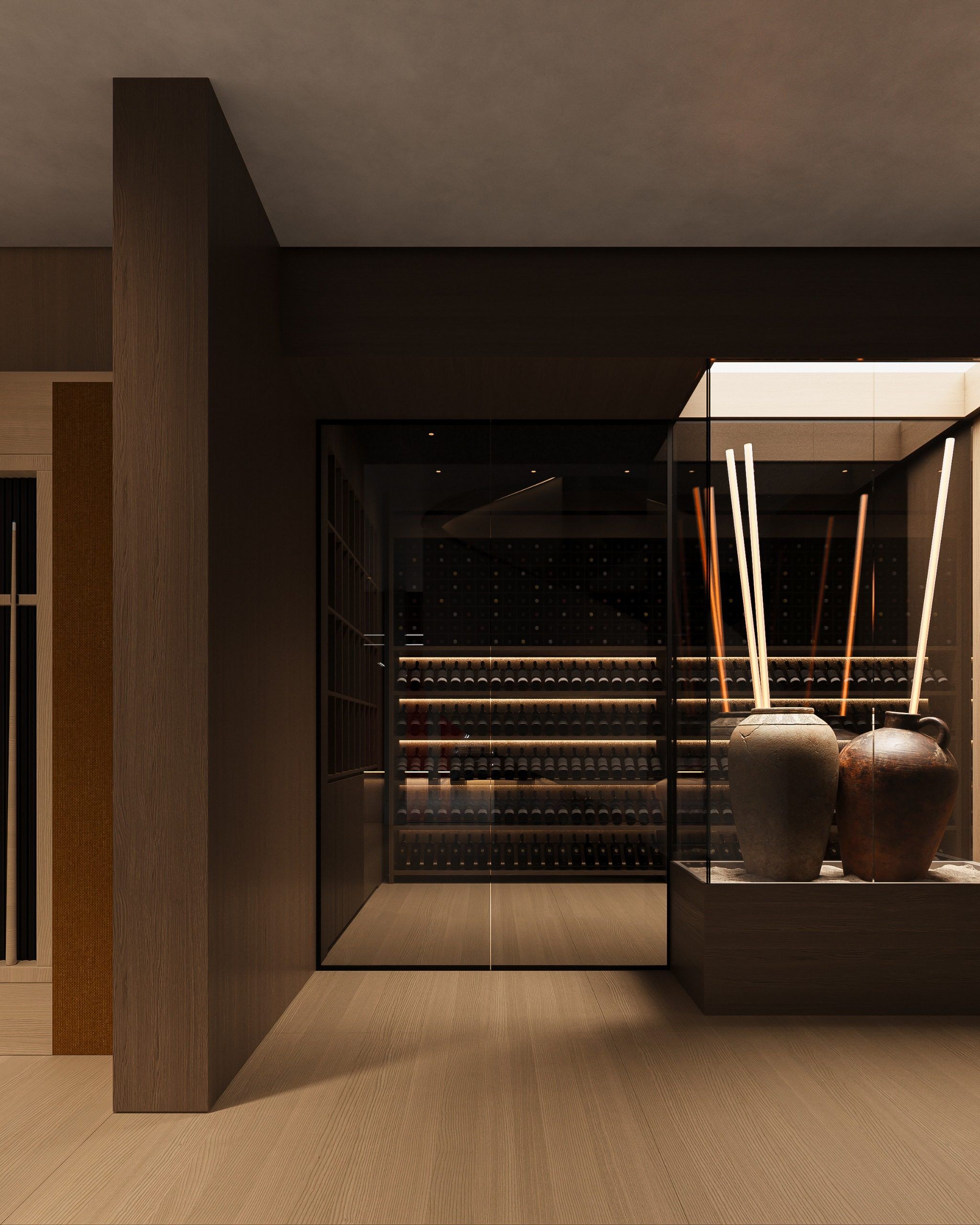Refrigerated cabinet and storage shelves in dark wine room