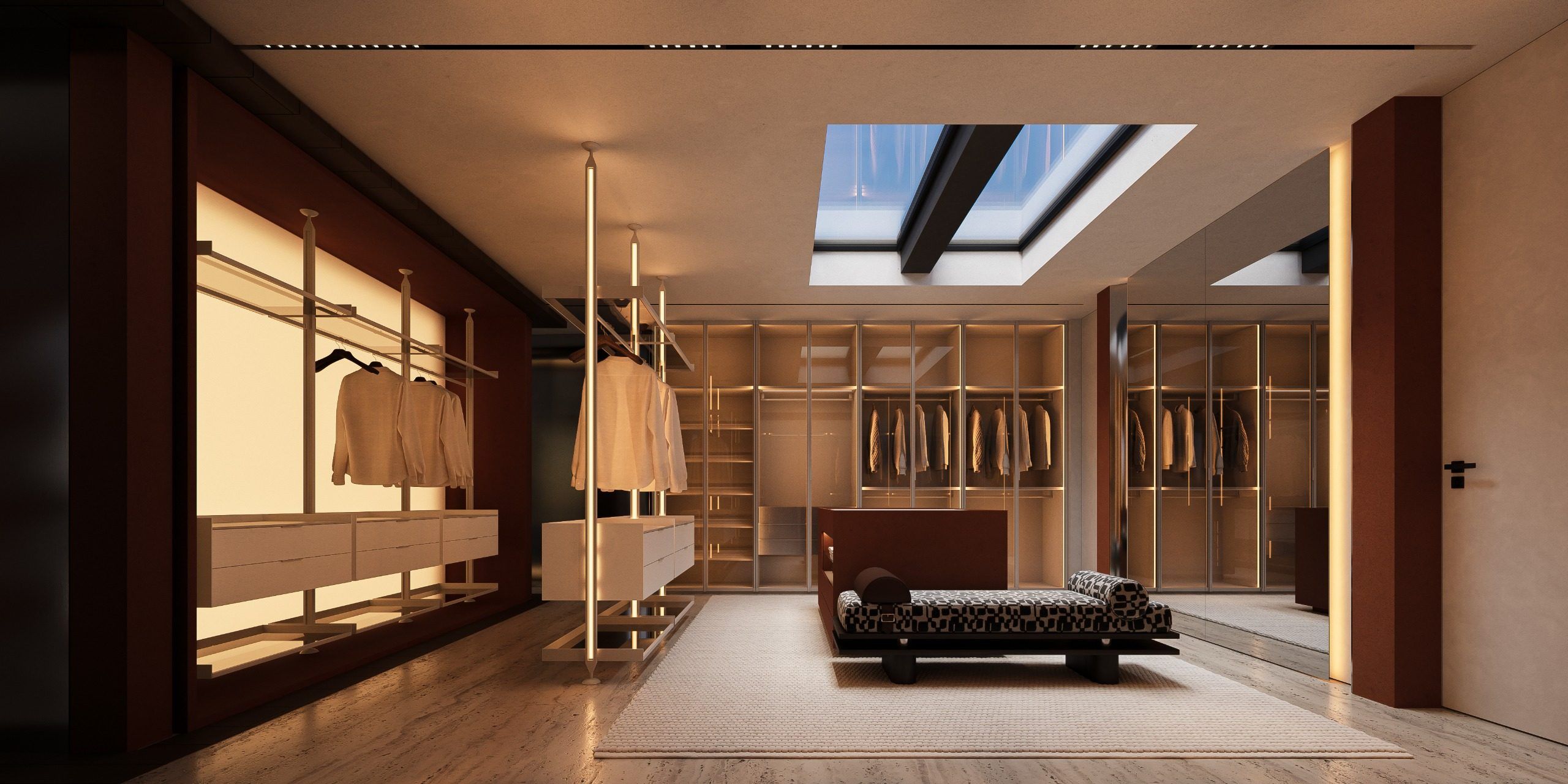 Spacious dressing room with open shelving and window