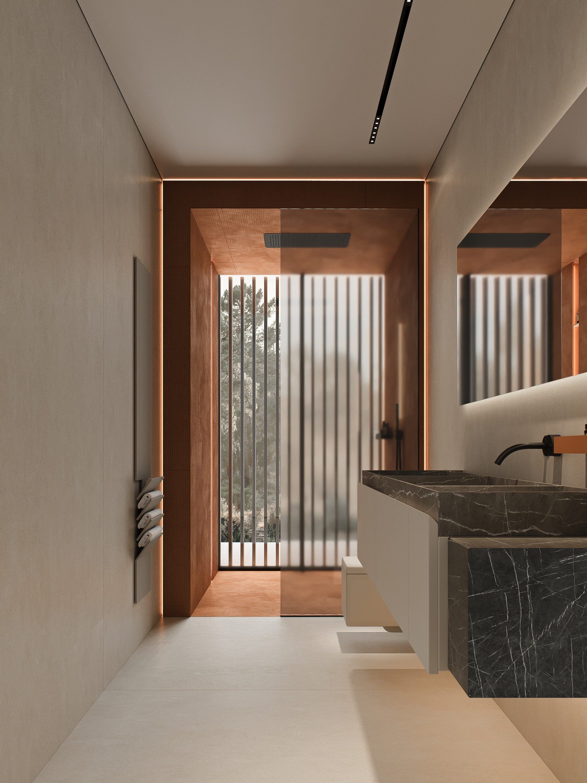 Entry area with terracotta walls and white wooden screen, interior view