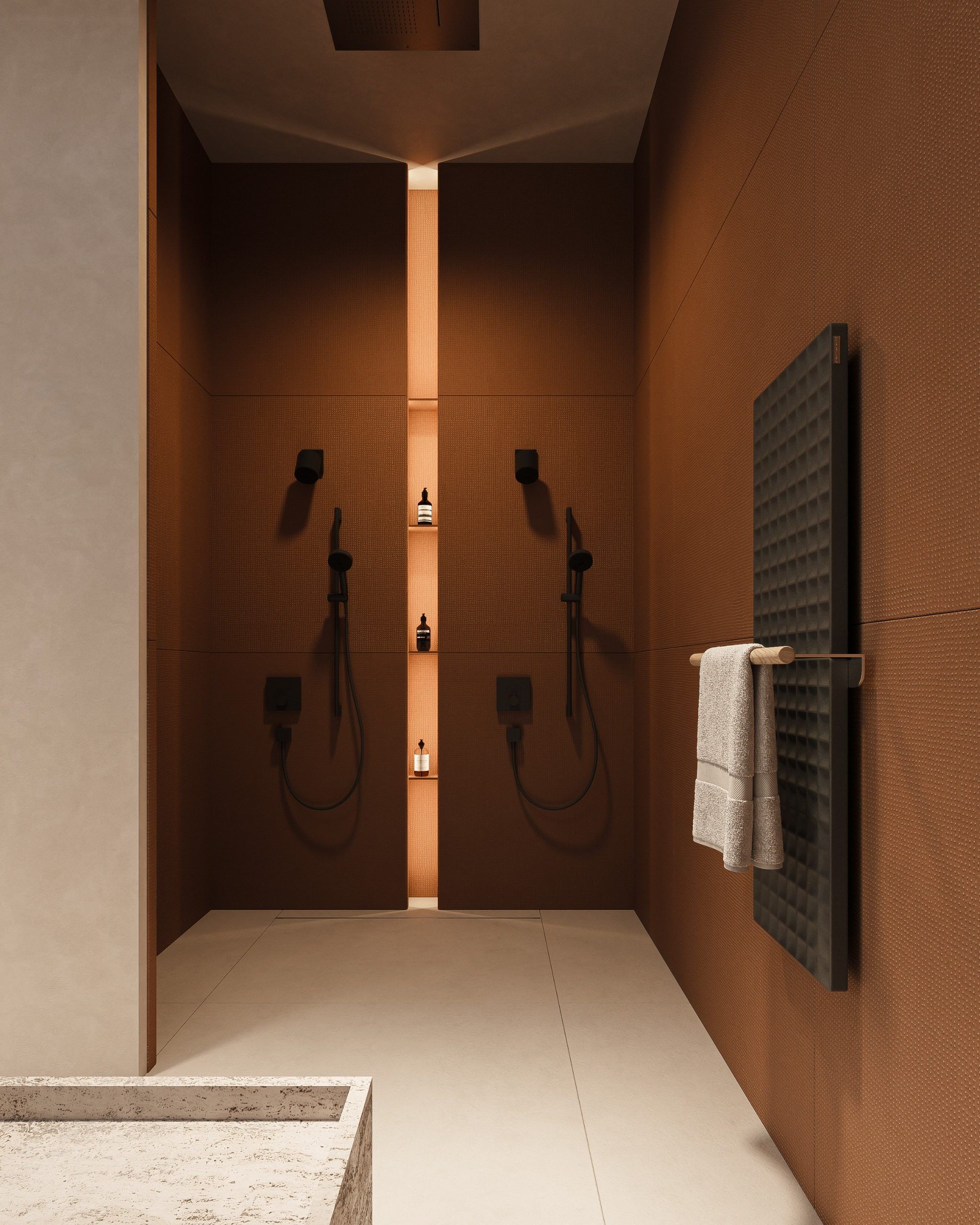 Shower space with orange walls, central lighting and minimal fixtures