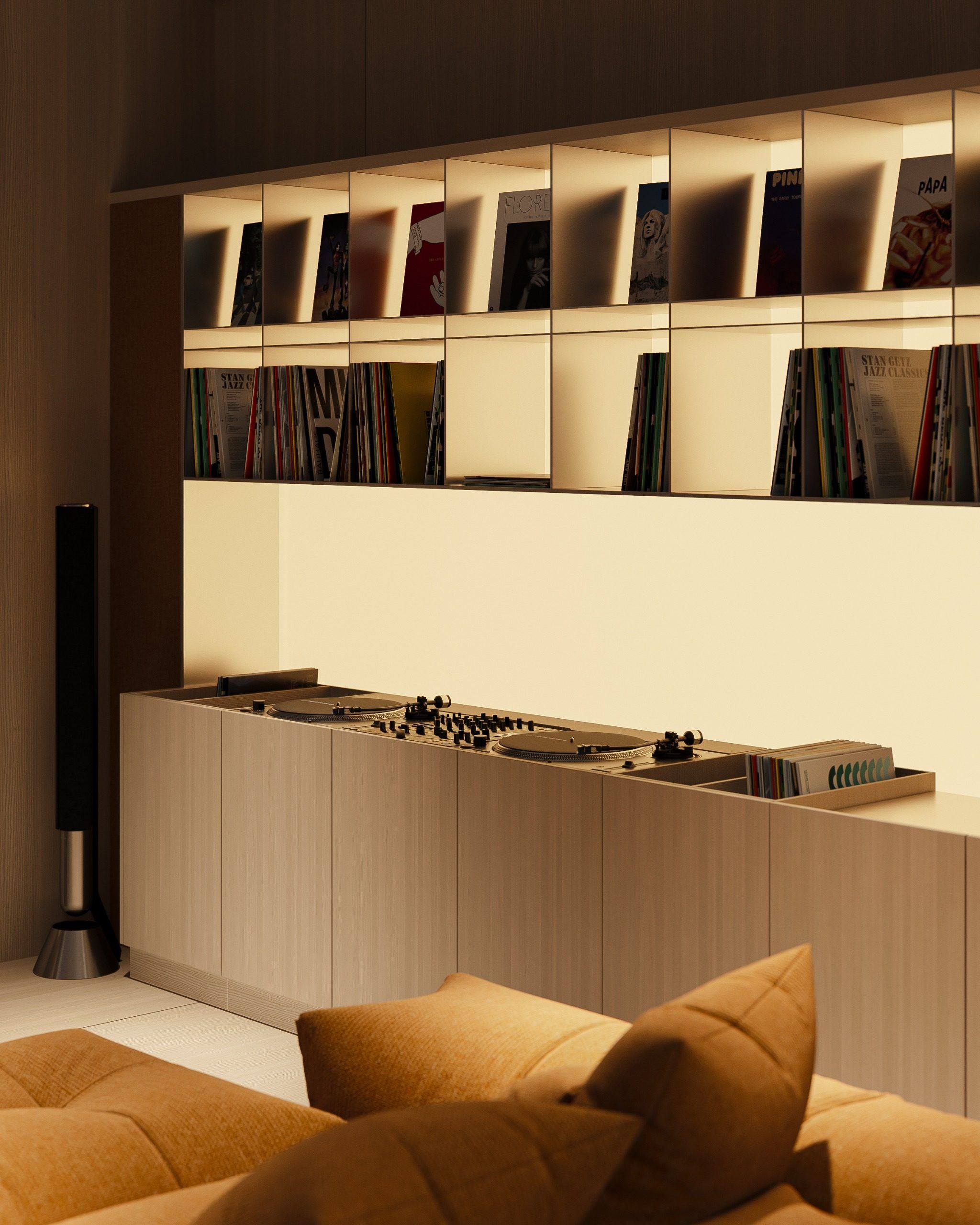 Illuminated shelving systems, audio equipment and golden furniture