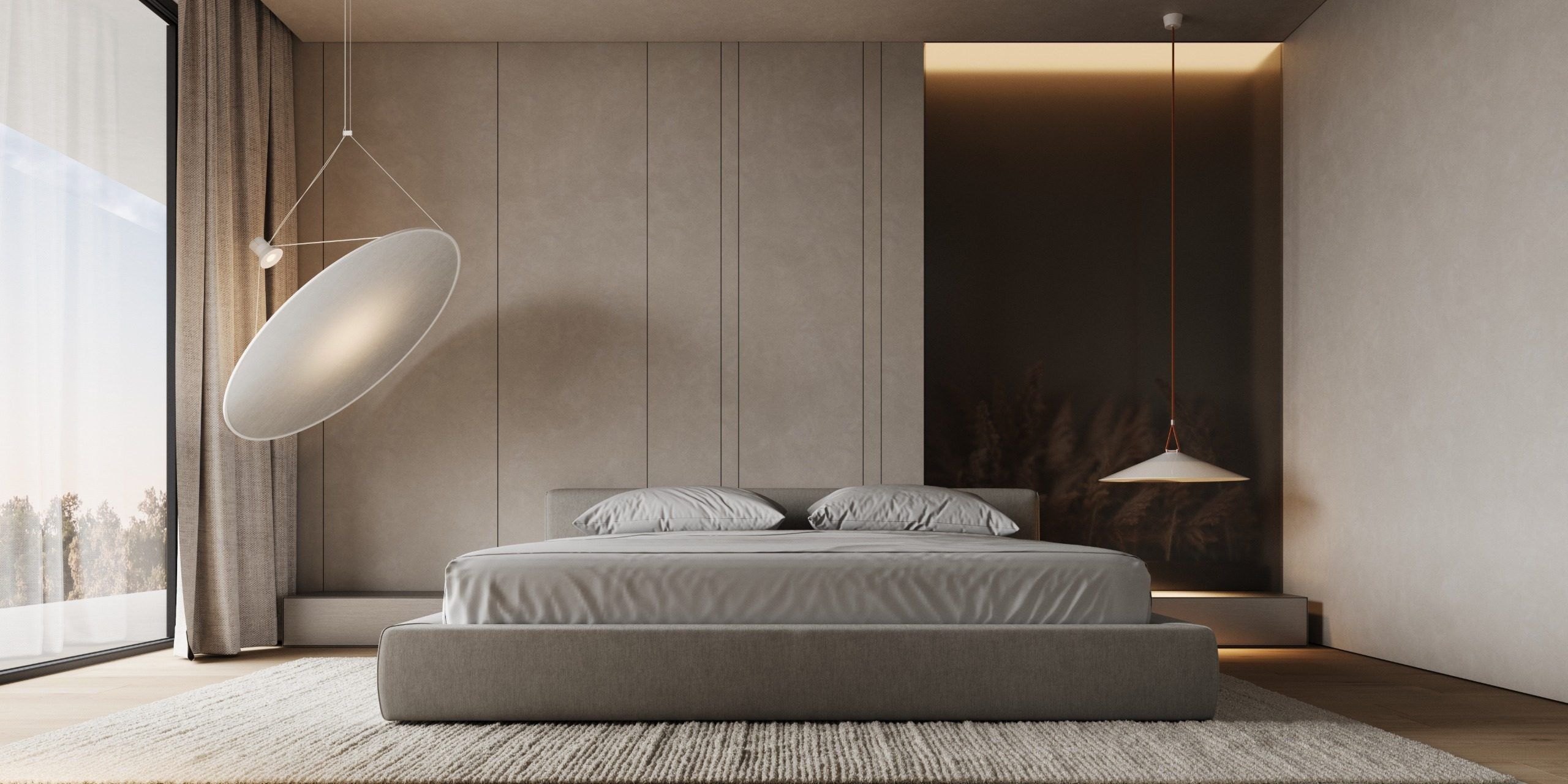Bedroom with bed, pendant lights and dark accent niche, window to the left