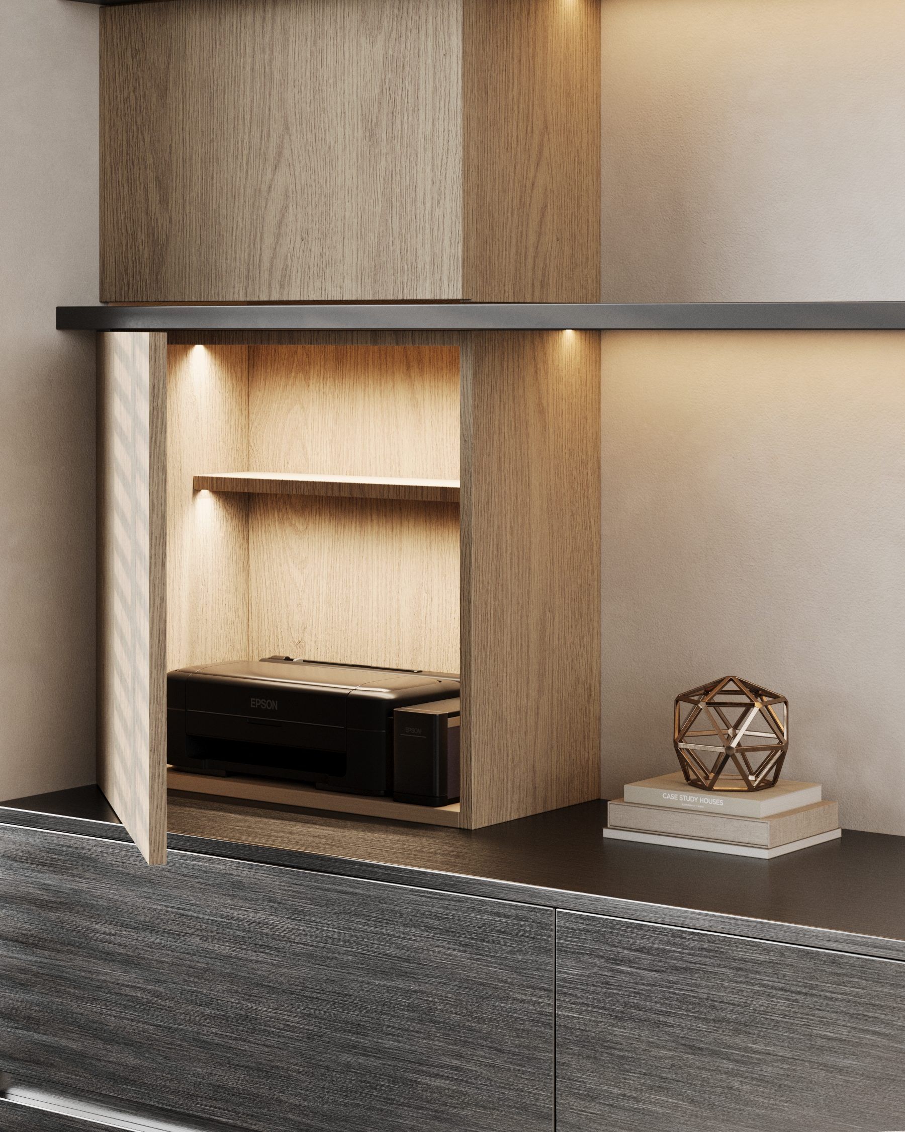 Built-in storage system with open niches and wooden finish