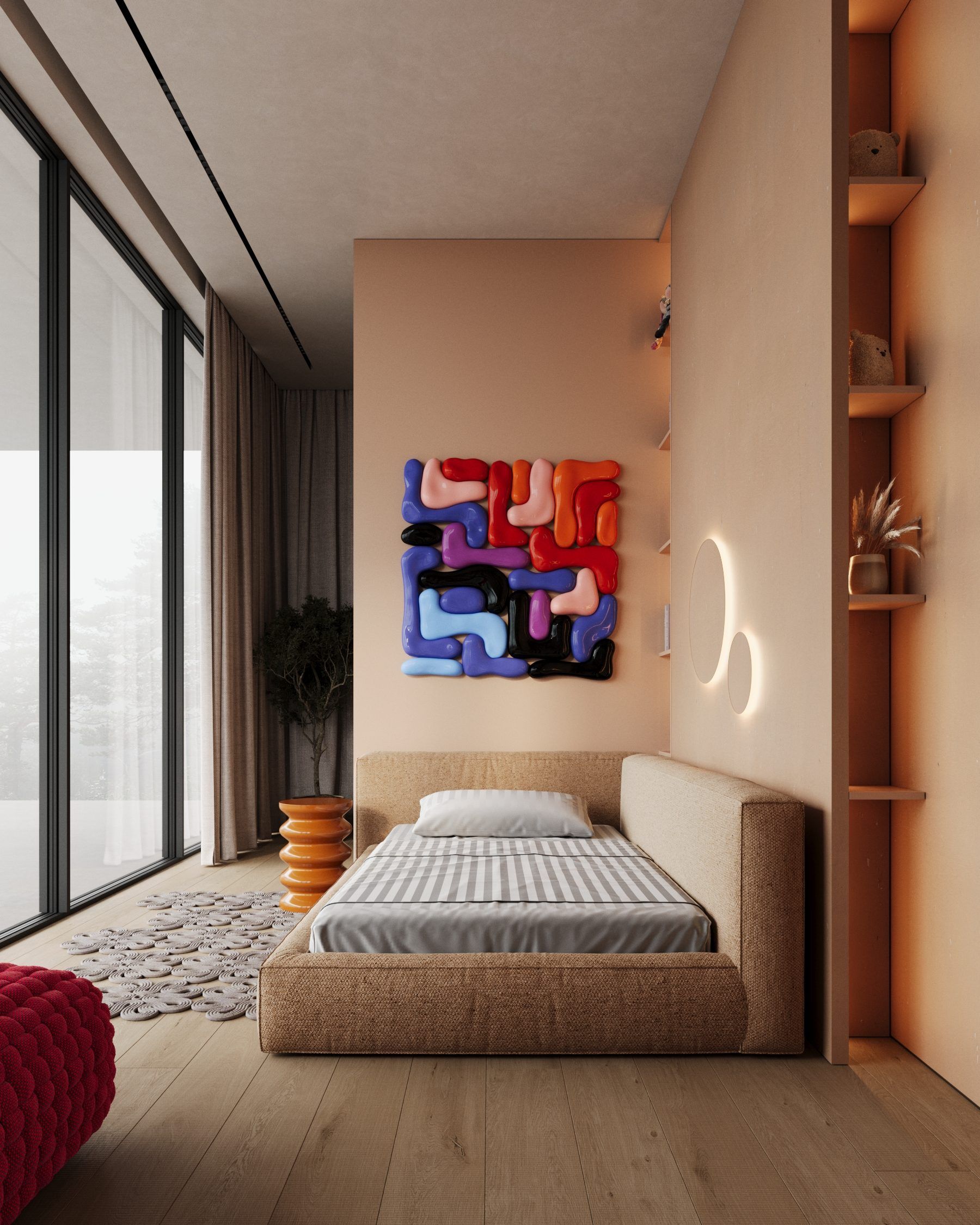 Child's bedroom with natural wood bed and artwork