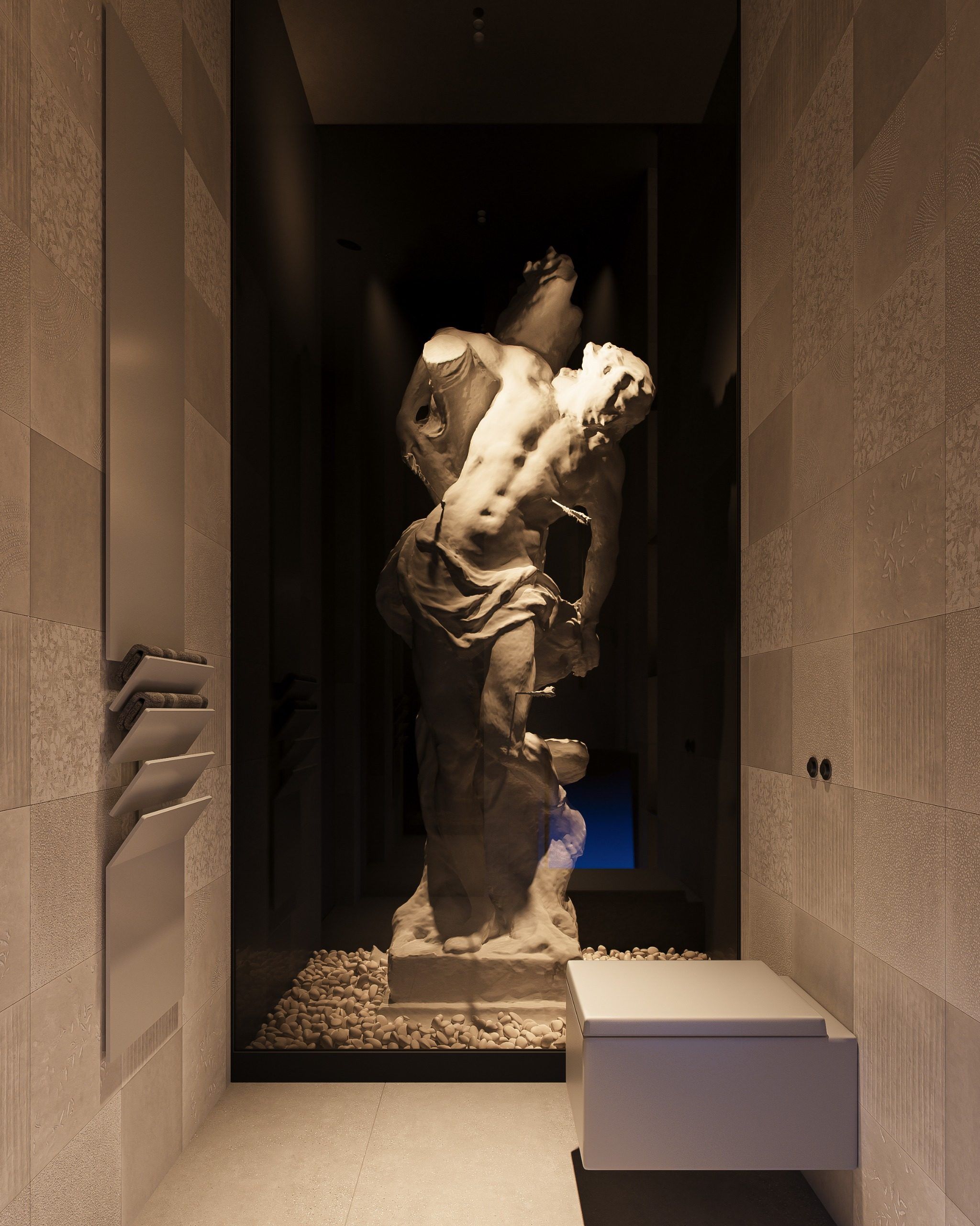 Sculpture in dark niche with side lighting and gravel floor