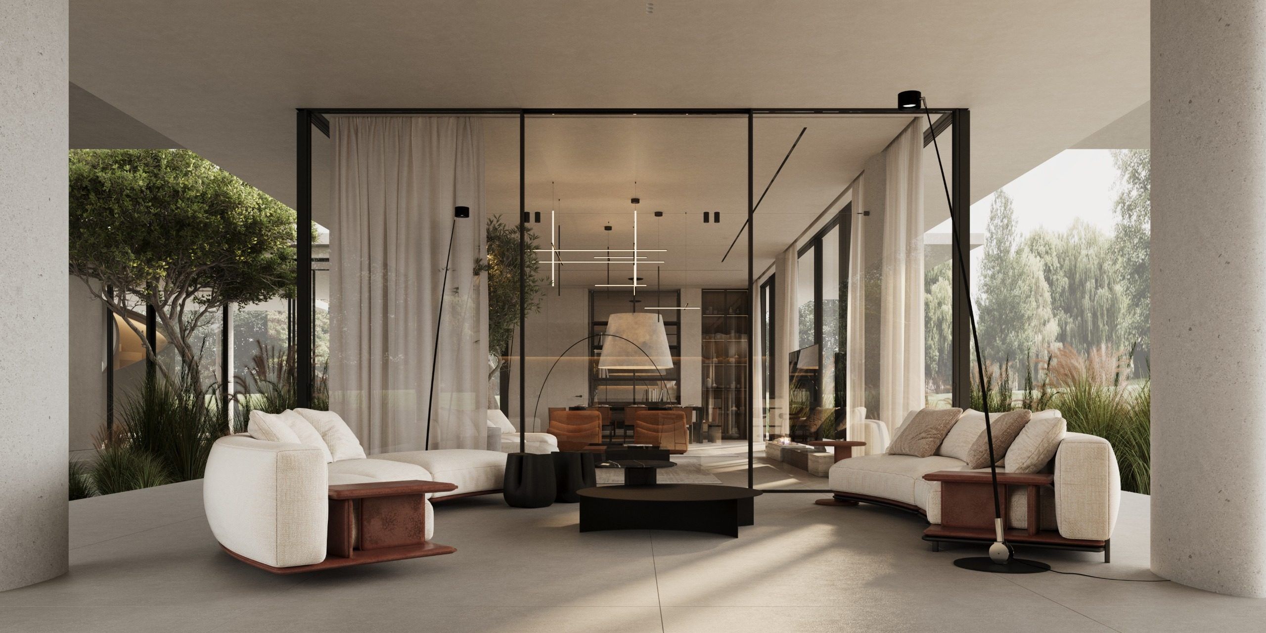 Glazed bedroom with white seating elements, black partition and open plan