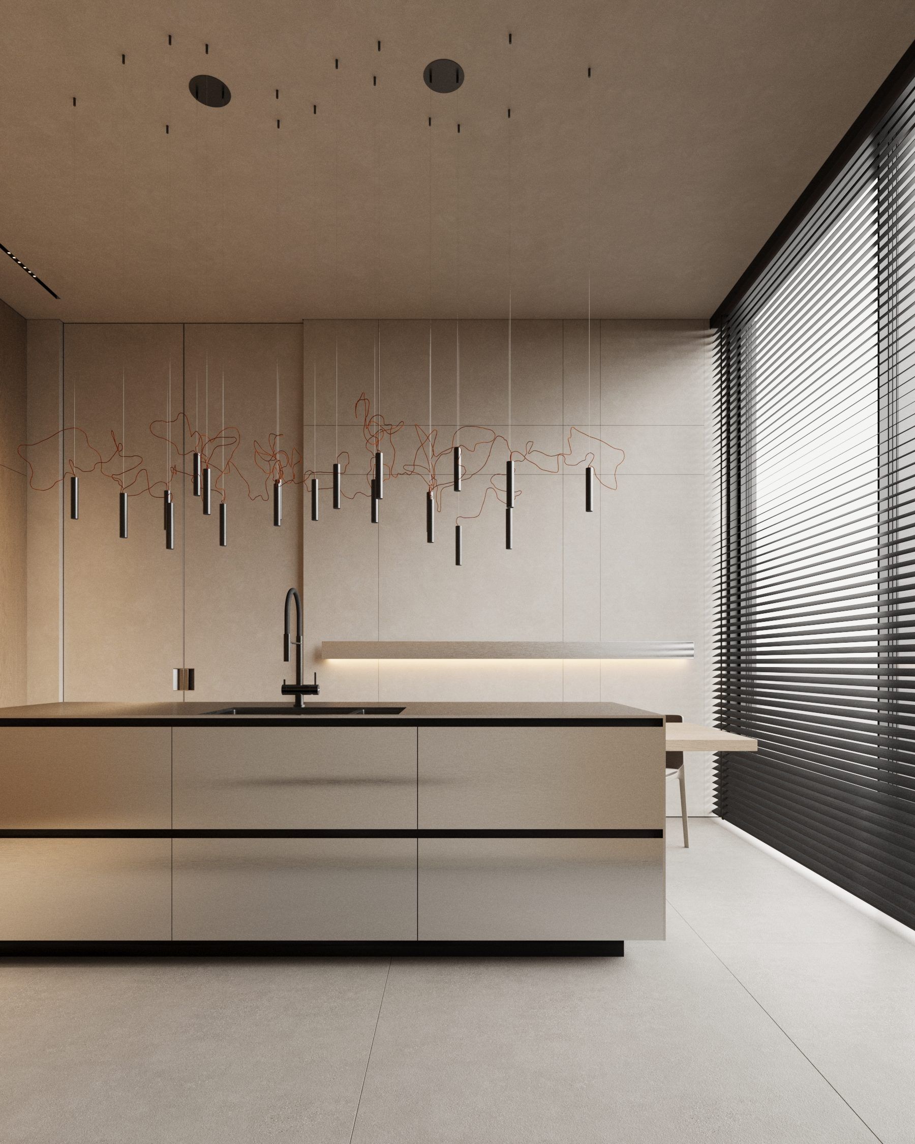 Kitchen wall with pendant lights and wooden cabinetry
