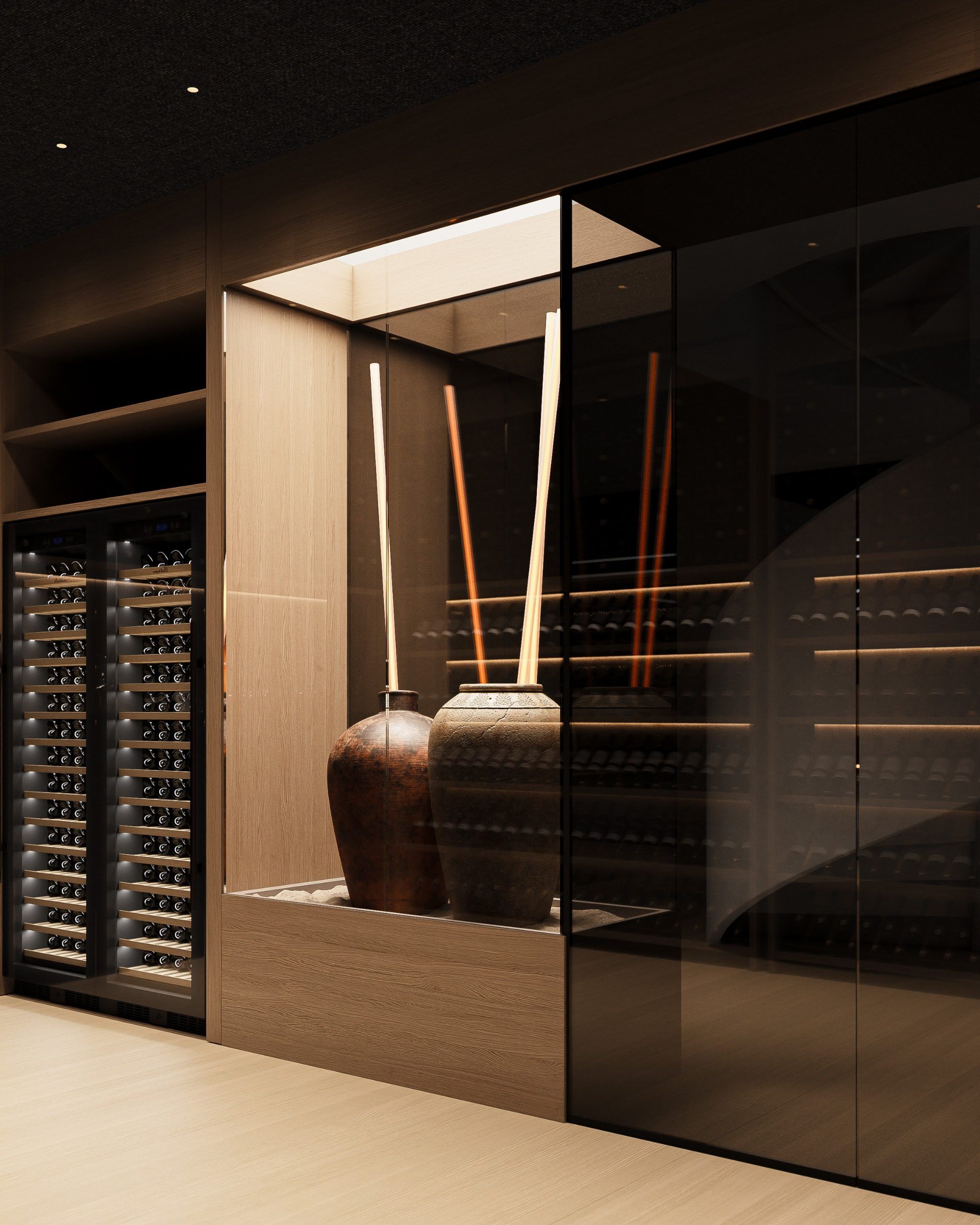 Wine room with illuminated canopy and ceramic vessels