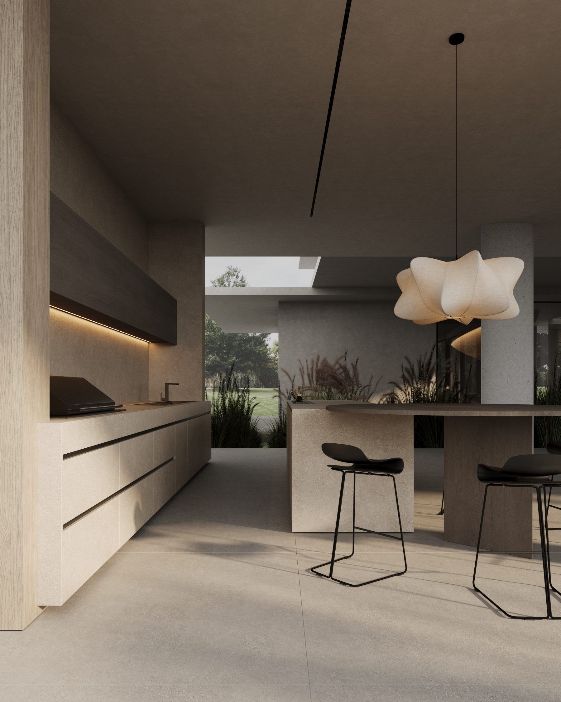 Compact workspace with built-in storage, pendant light and black stool