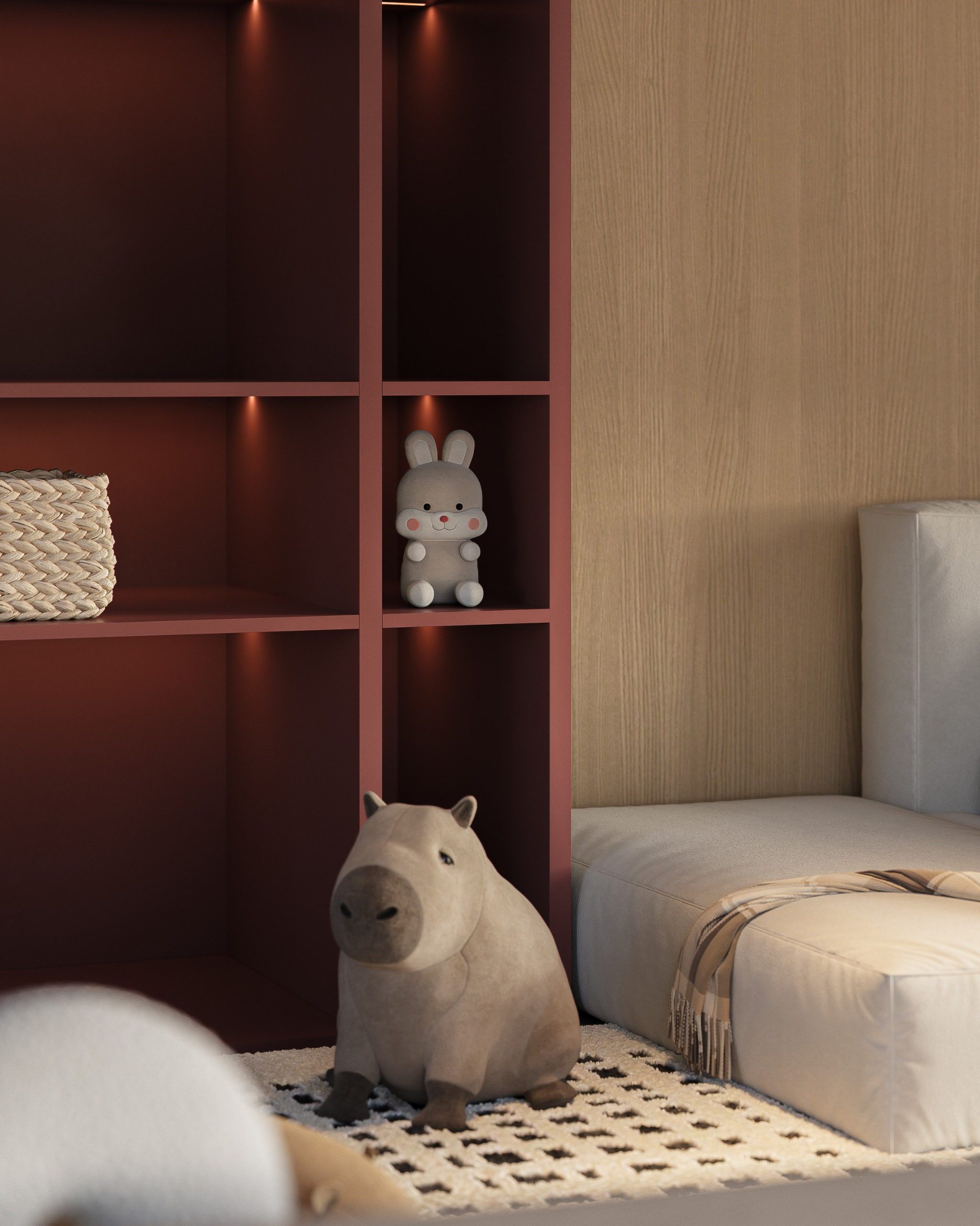 Interior detail showing modular shelving, bed and geometric wood flooring