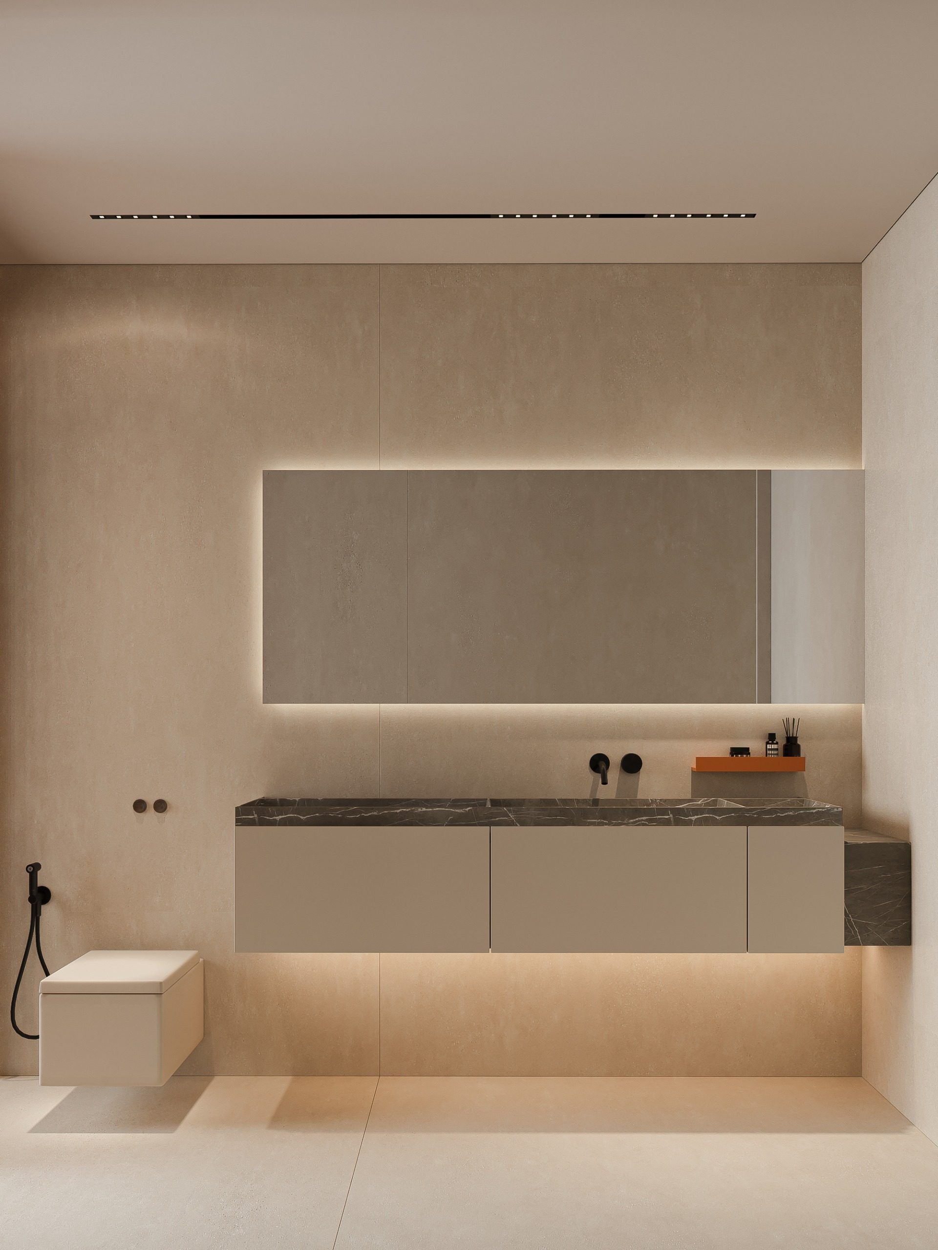 Bathroom with vanity, recessed mirror niche and integrated lighting system